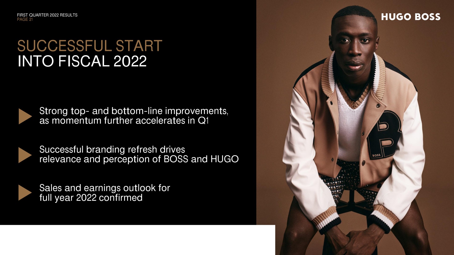 successful start into fiscal strong top and bottom line improvements as momentum further accelerates in successful branding refresh drives relevance and perception of boss and sales and earnings outlook for full year confirmed | Hugo Boss