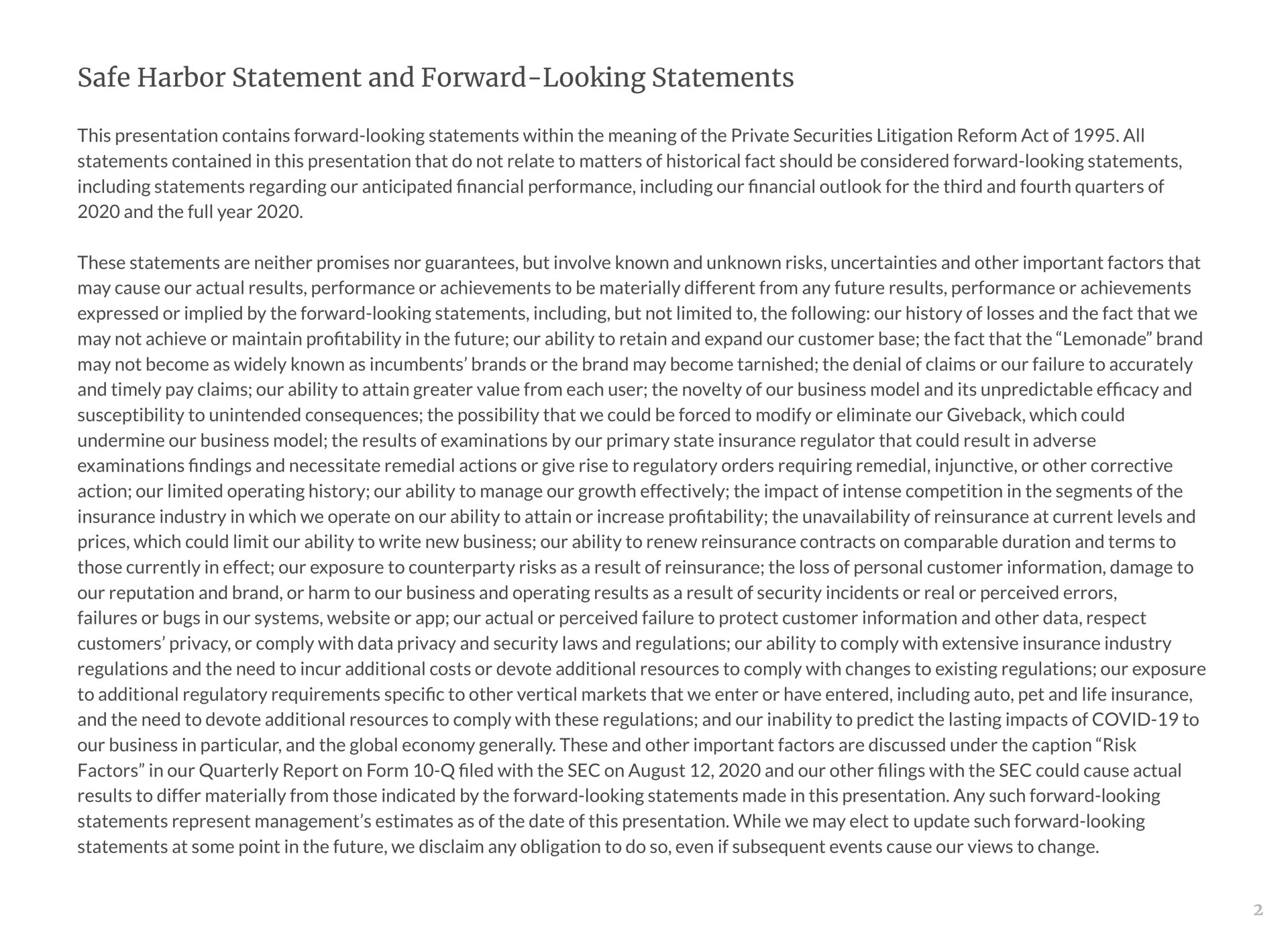 safe harbor statement and forward looking statements | Lemonade
