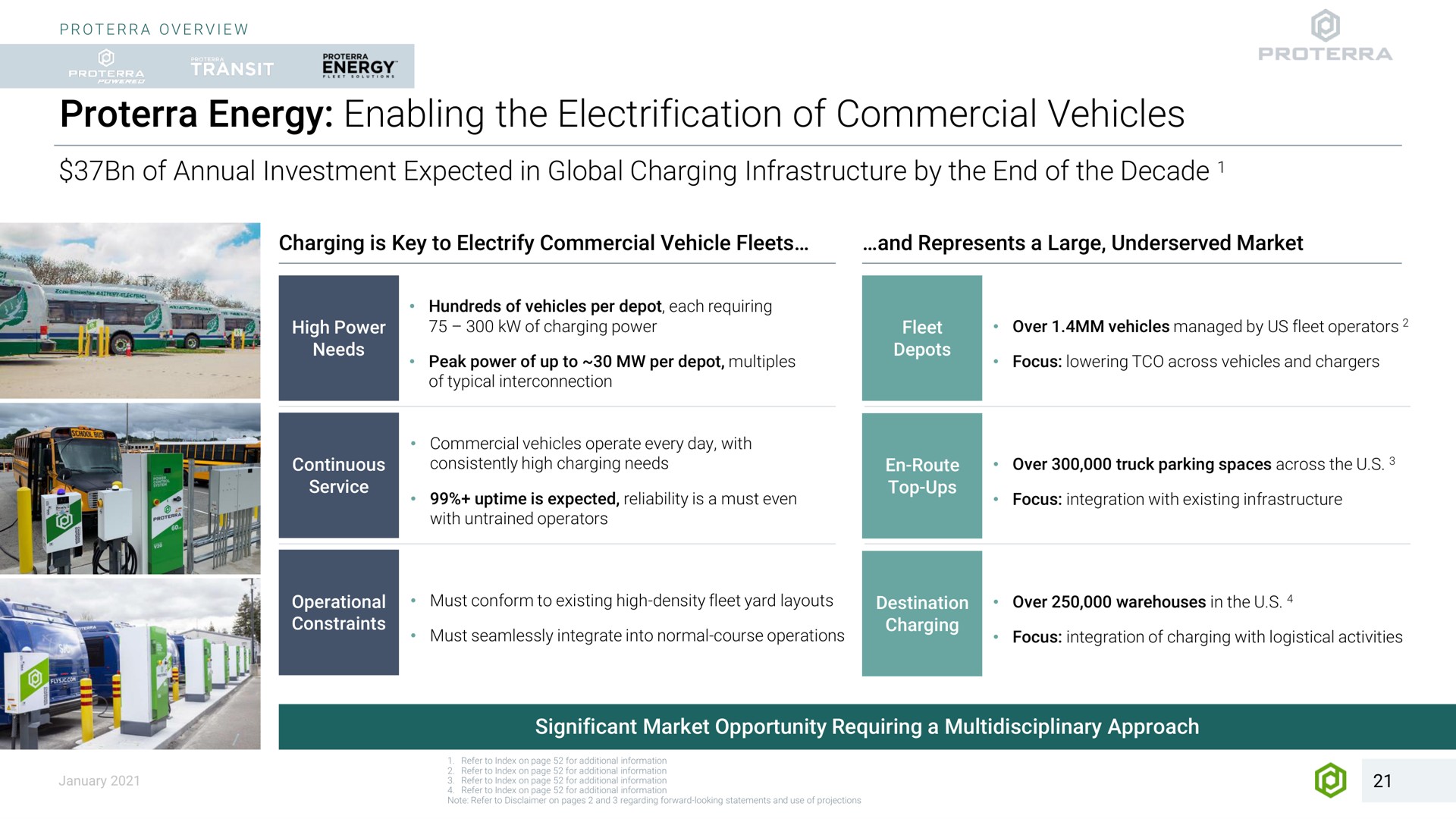 energy enabling the electrification of commercial vehicles annual investment expected in global charging infrastructure by end decade a charging is key to electrify vehicle fleets and represents a large market high power needs hundreds per depot each requiring charging power peak power up to per depot multiples typical interconnection service operate every day with is expected reliability is a must even with untrained operators top ups over managed by us fleet operators focus lowering across and chargers focus integration with existing infrastructure oxen tal must seamlessly integrate into normal course operations charging focus integration charging with logistical activities significant market opportunity requiring a approach | Proterra