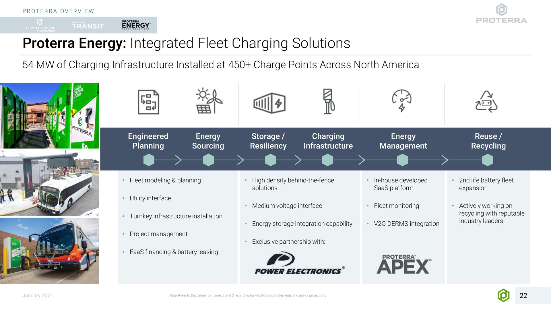 energy integrated fleet charging solutions of infrastructure at charge points across north engineered planning state sourcing storage resiliency infrastructure management recycling modeling planning utility interface turnkey infrastructure installation financing battery leasing high density behind the fence medium voltage interface storage integration capability exclusive partnership with power electronics house developed platform monitoring integration life battery actively working on recycling with reputable industry leaders | Proterra