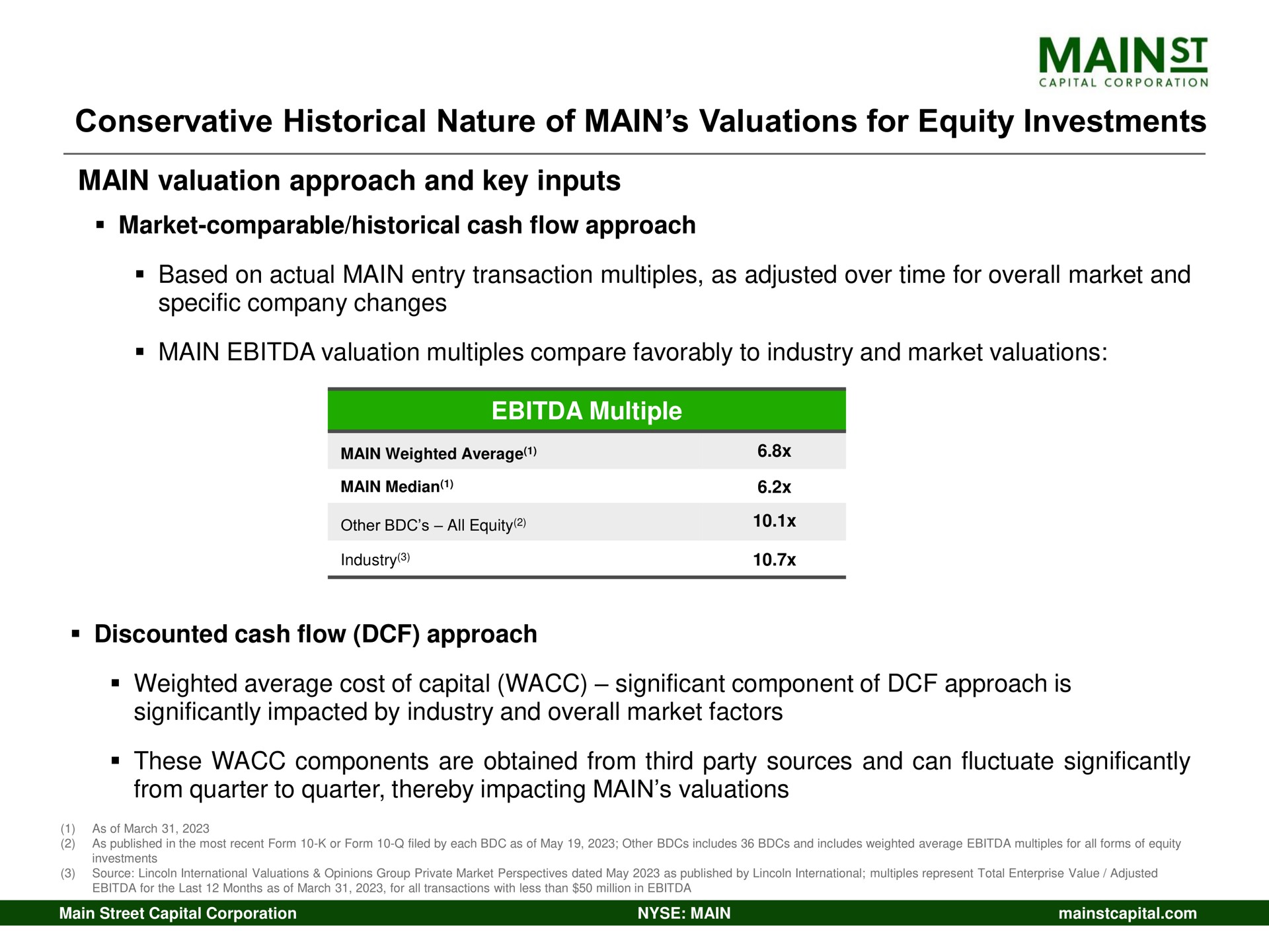 conservative historical nature of main valuations for equity investments main valuation approach and key inputs | Main Street Capital