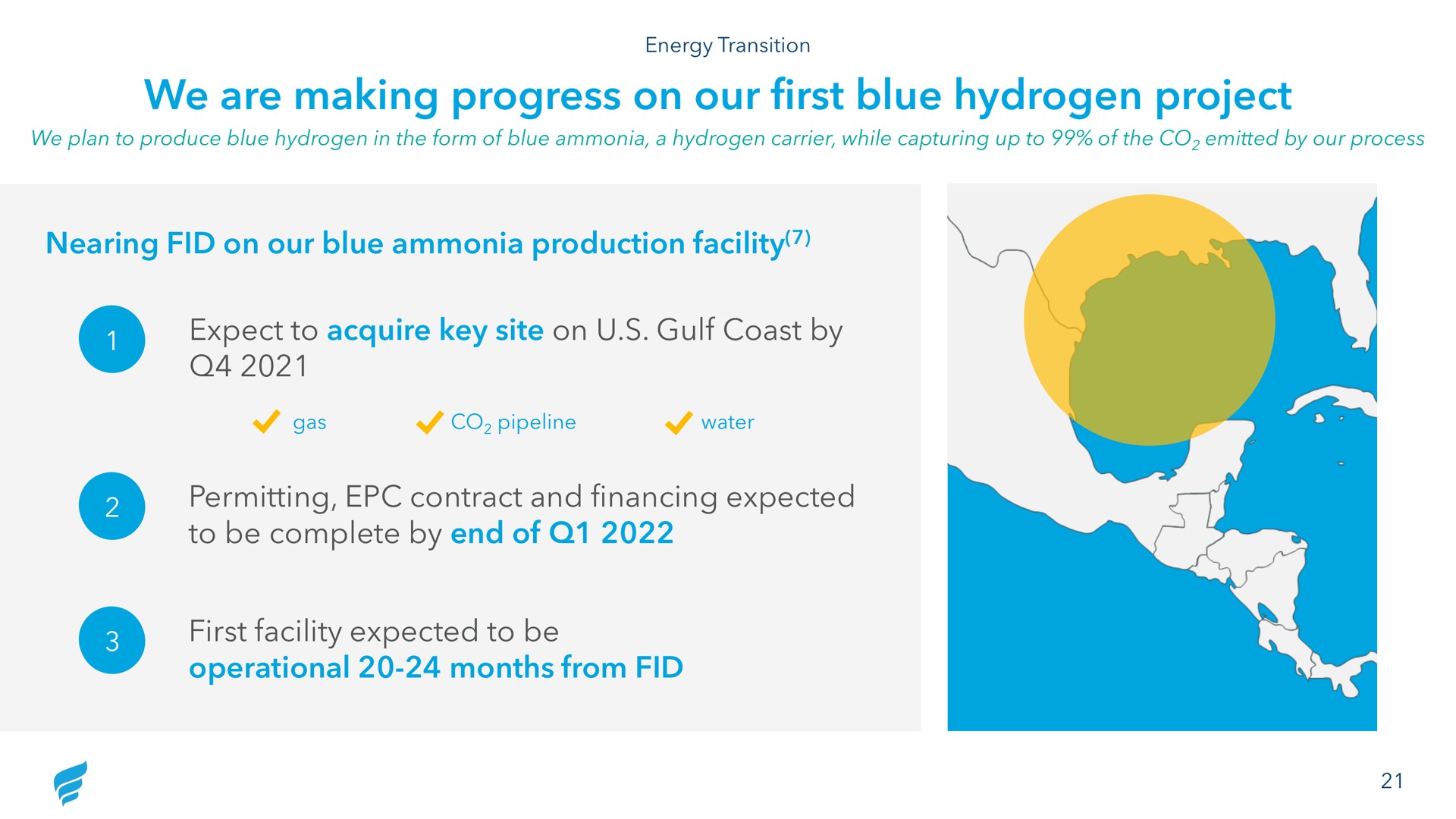 we are making progress on our first blue hydrogen project nearing fid on our blue ammonia production facility expect to acquire key site on gulf coast by permitting contract and financing expected to be complete by end of first facility expected to be operational months from fid a | NewFortress Energy