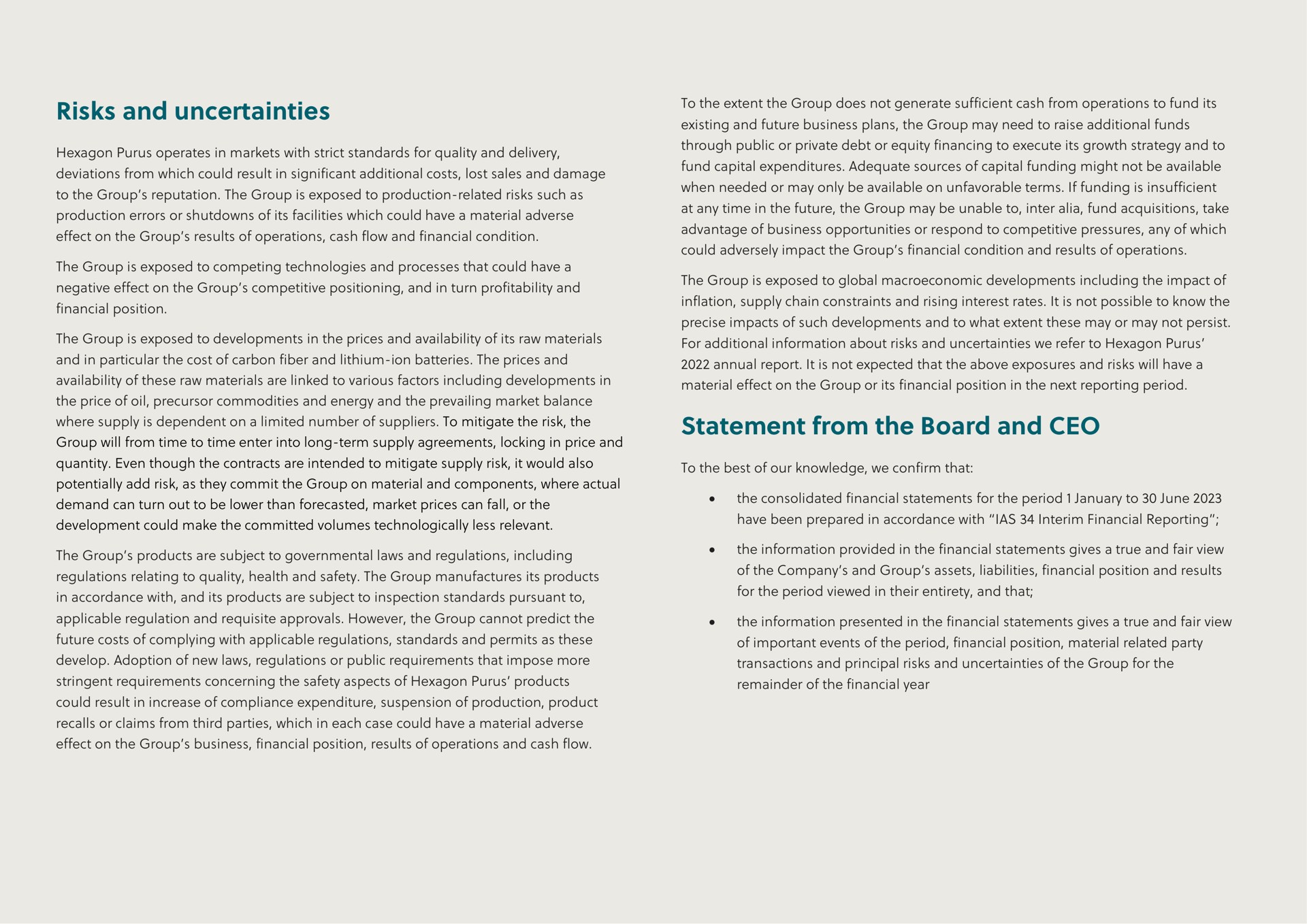 risks and uncertainties statement from the board and group is exposed to developments in prices availability of its raw materials availability of these raw materials are linked to various factors including developments in where supply is dependent on a limited number of suppliers to mitigate risk material effect on group or its financial position in next reporting period to best of our knowledge we confirm that | Hexagon Purus