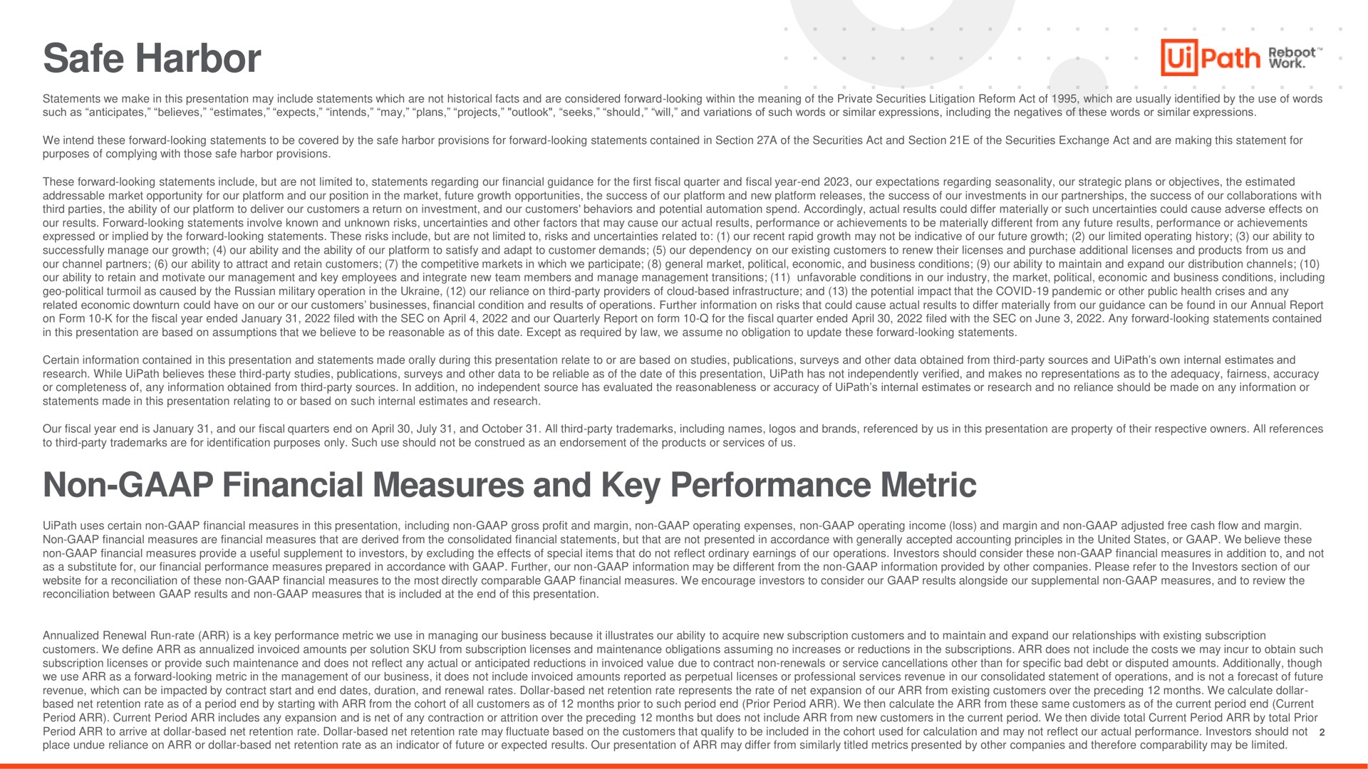 safe harbor non financial measures and key performance metric path wer | UiPath