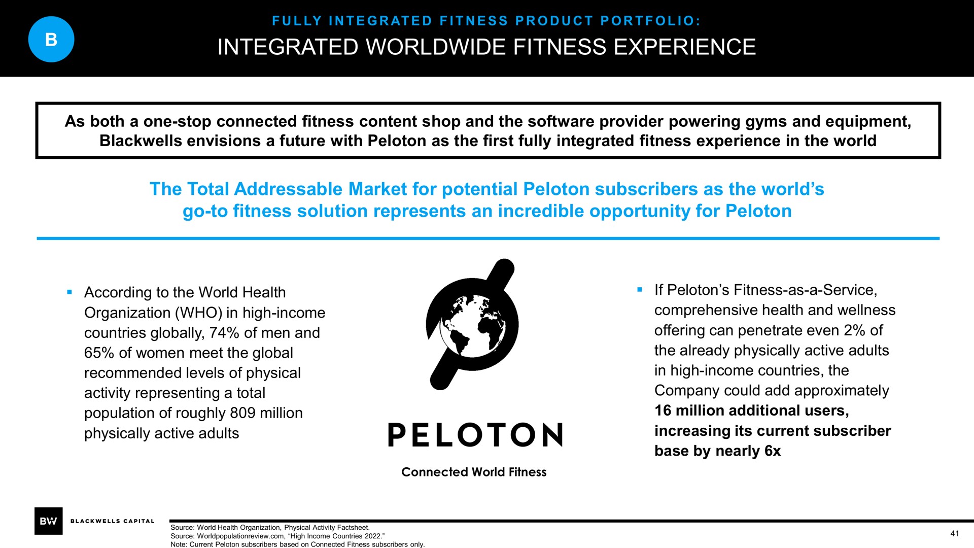 integrated fitness experience the total market for potential peloton subscribers as the world go to fitness solution represents an incredible opportunity for peloton | Blackwells Capital