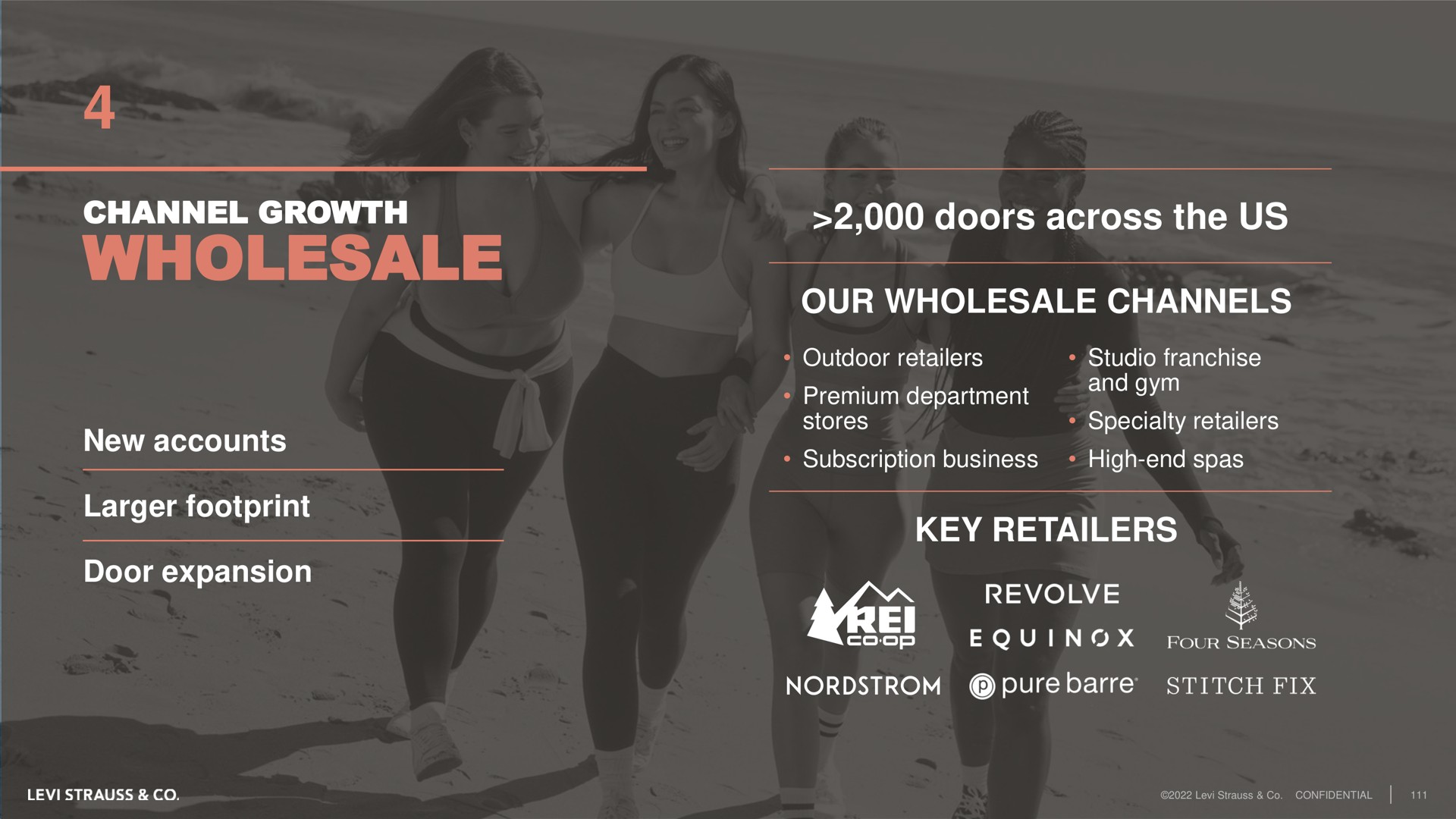 channel growth wholesale new accounts footprint door expansion doors across the us our wholesale channels key retailers core outdoor studio franchise premium department sire goss and gym specialty subscription business high end spas a a ats revolve stitch fix | Levi Strauss