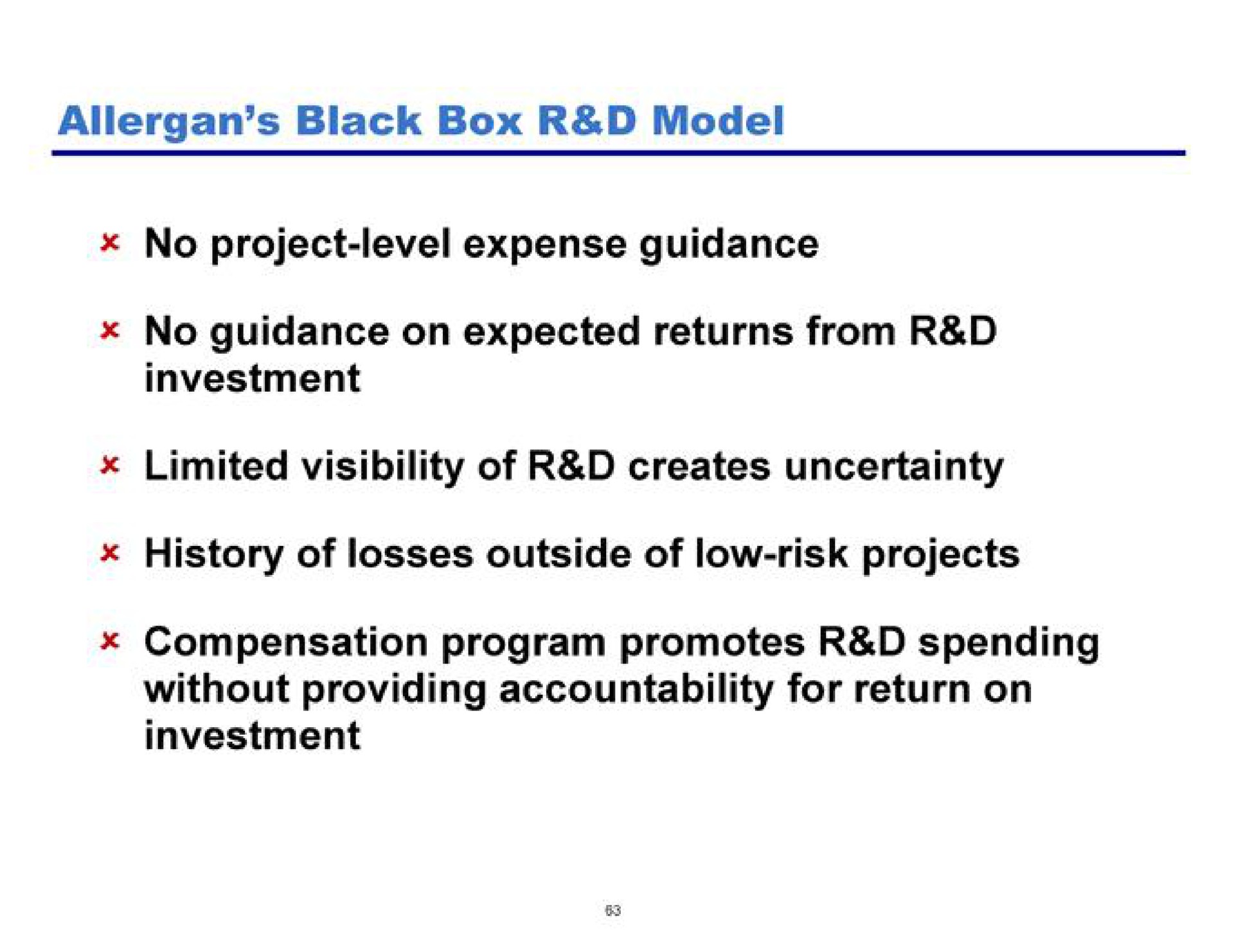 black box model no project level expense guidance no guidance on expected returns from investment limited visibility of creates uncertainty history of losses outside of low risk projects compensation program promotes spending without providing accountability for return on investment | Pershing Square