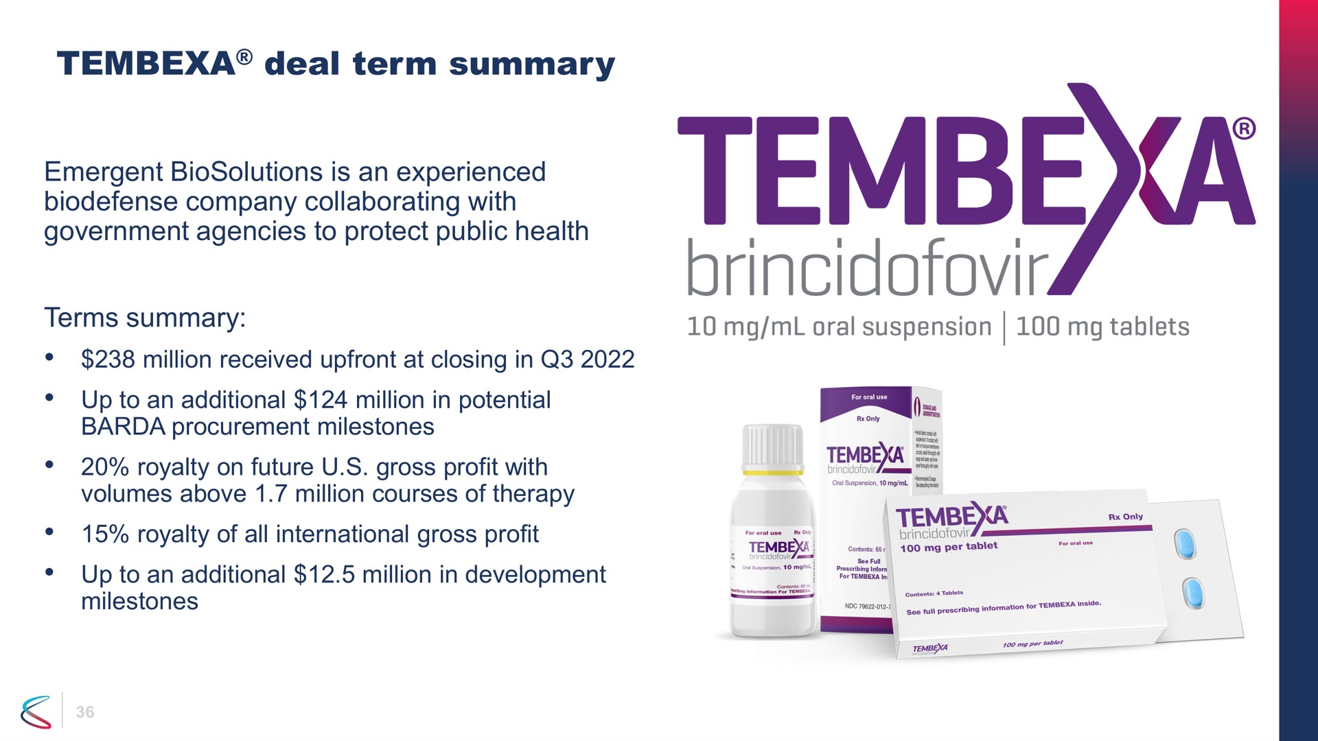 deal term summary company collaborating with government agencies to protect public health terms oral suspension tablets procurement milestones royalty on future gross profit with volumes above million courses of therapy be | Chimerix