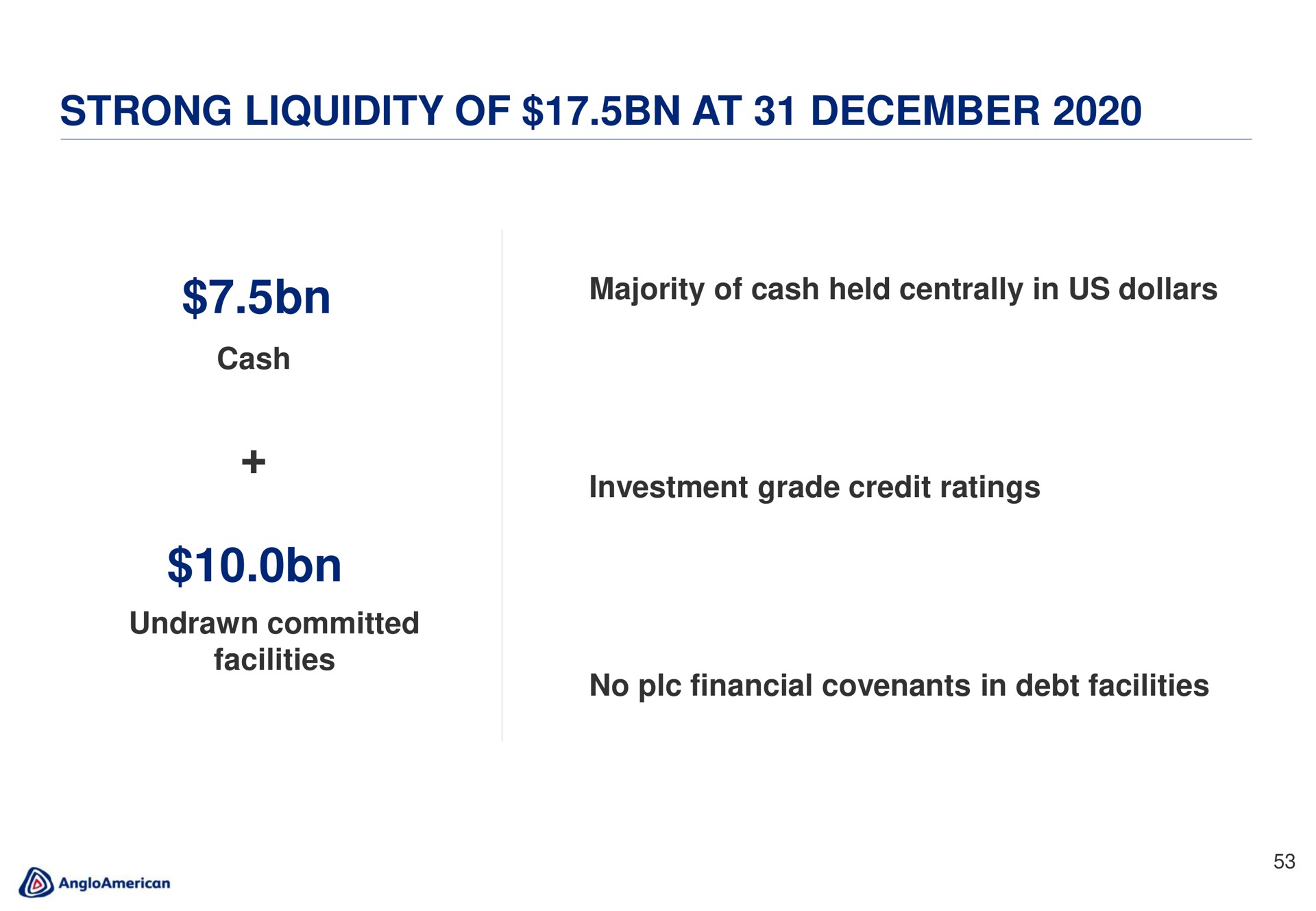 strong liquidity of at majority cash held centrally in us dollars | AngloAmerican