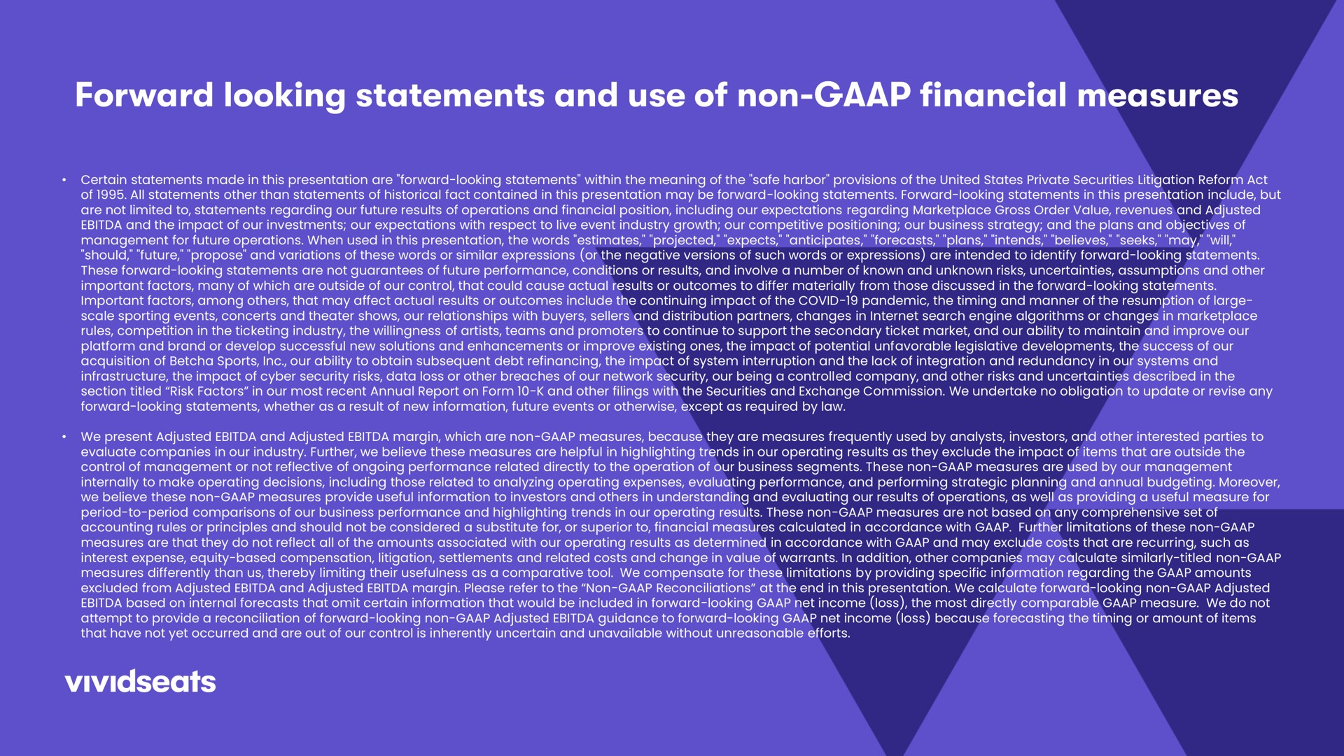 forward looking statements and use of non financial measures | Vivid Seats