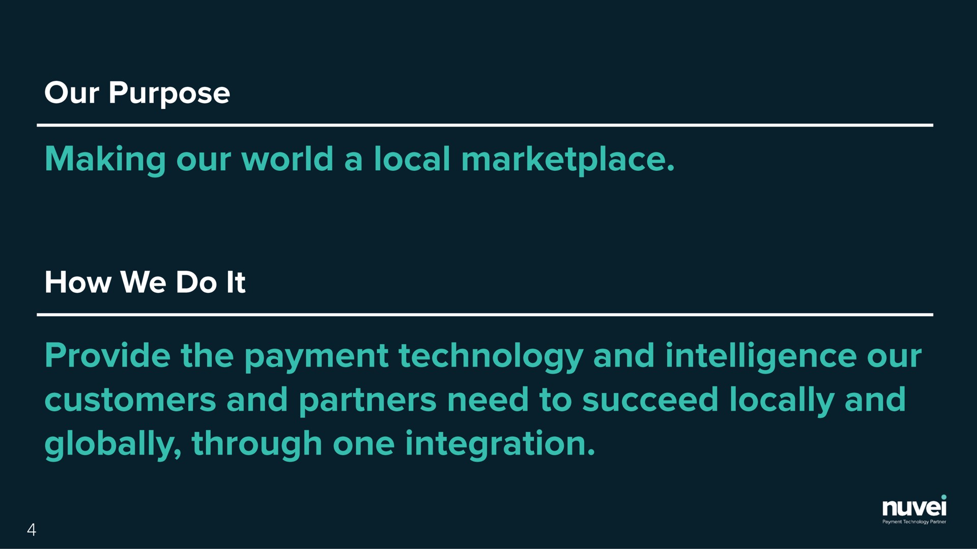 our purpose making our world a local how we do it provide the payment technology and intelligence our customers and partners need to succeed locally and globally through one integration | Nuvei