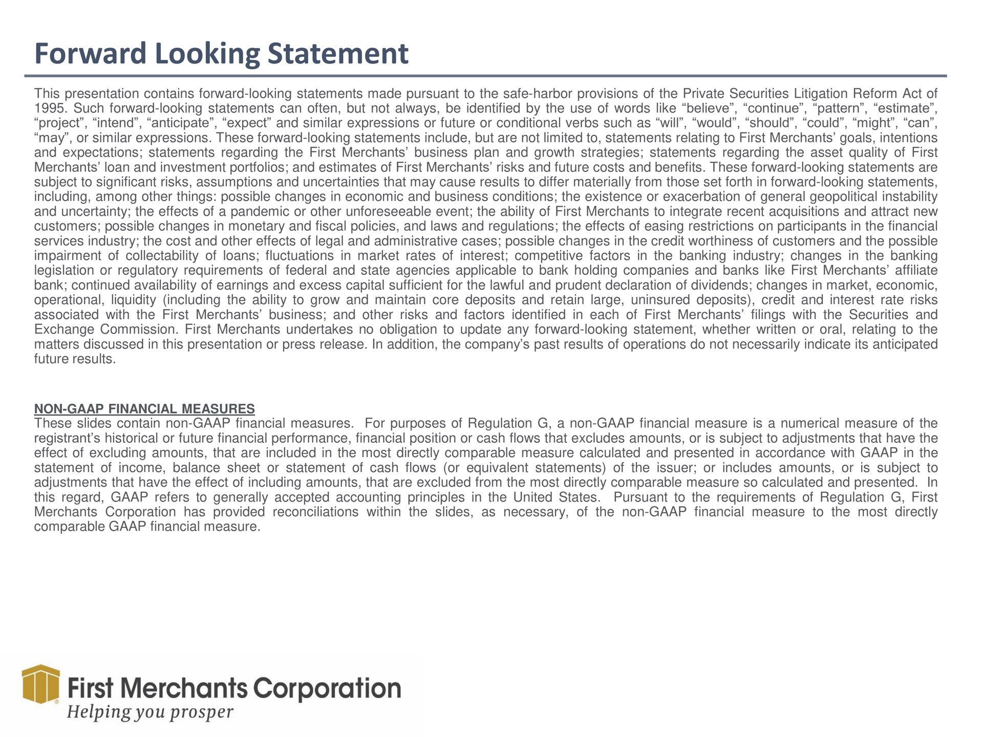 forward looking statement first merchants corporation | First Merchants
