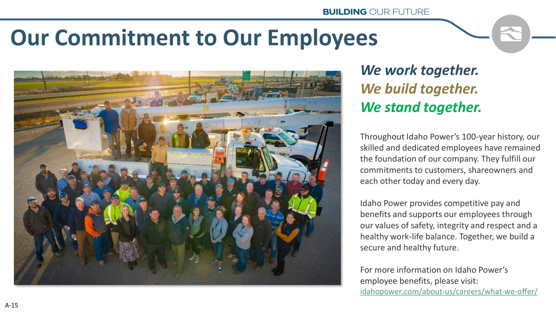 our commitment to our employees we work together we build together we stand together | Idacorp