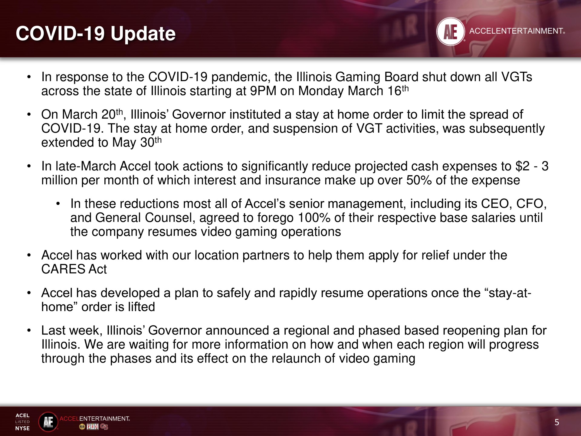 covid update in response to the covid pandemic the gaming board shut down all across the state of starting at on march on march governor instituted a stay at home order to limit the spread of covid the stay at home order and suspension of activities was subsequently extended to may in late march took actions to significantly reduce projected cash expenses to million per month of which interest and insurance make up over of the expense in these reductions most all of senior management including its and general counsel agreed to forego of their respective base salaries until the company resumes video gaming operations has worked with our location partners to help them apply for relief under the cares act has developed a plan to safely and rapidly resume operations once the stay at home order is lifted last week governor announced a regional and phased based reopening plan for we are waiting for more information on how and when each region will progress through the phases and its effect on the relaunch of video gaming | Accel Entertaiment