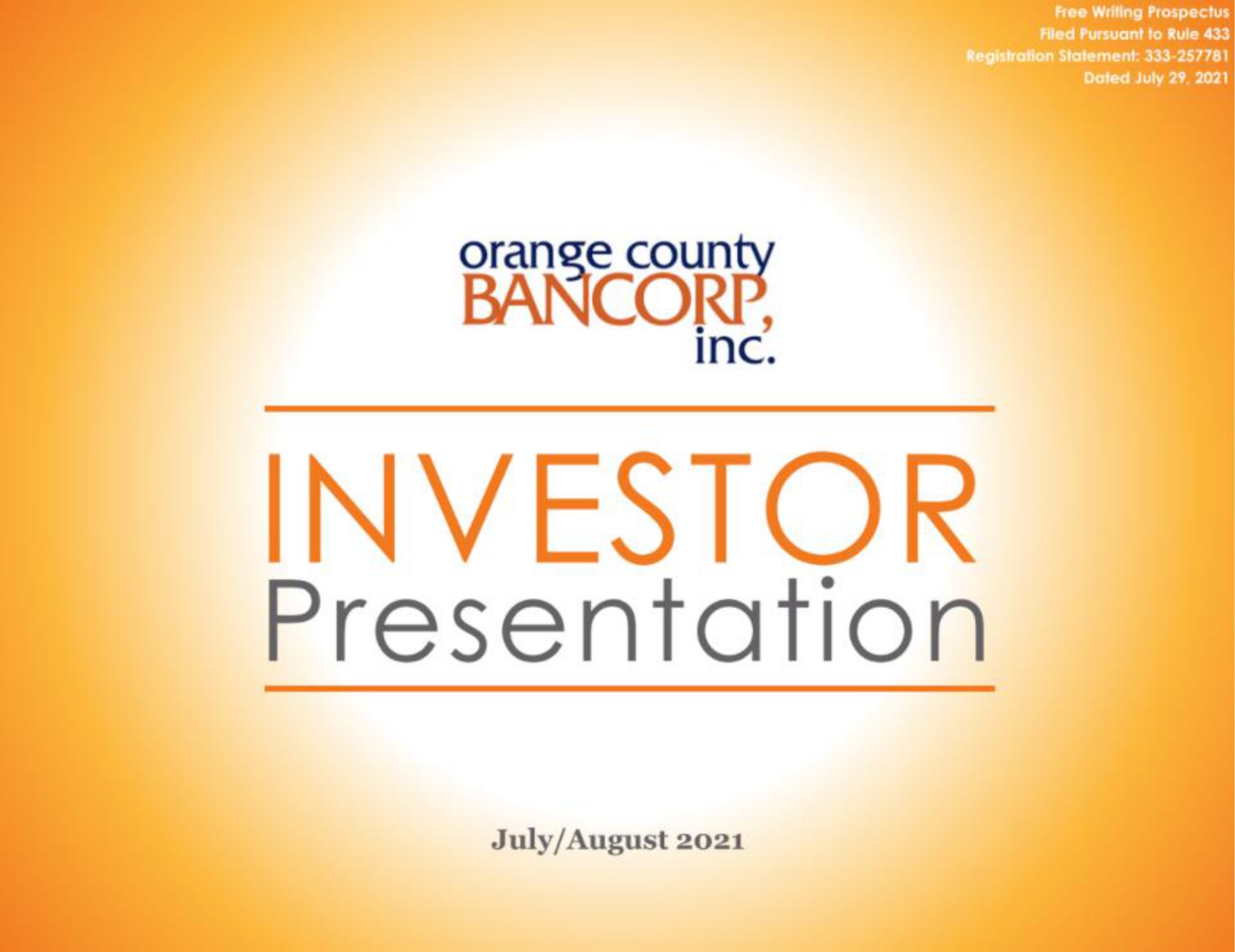 investor presentation august | Orange County Bancorp