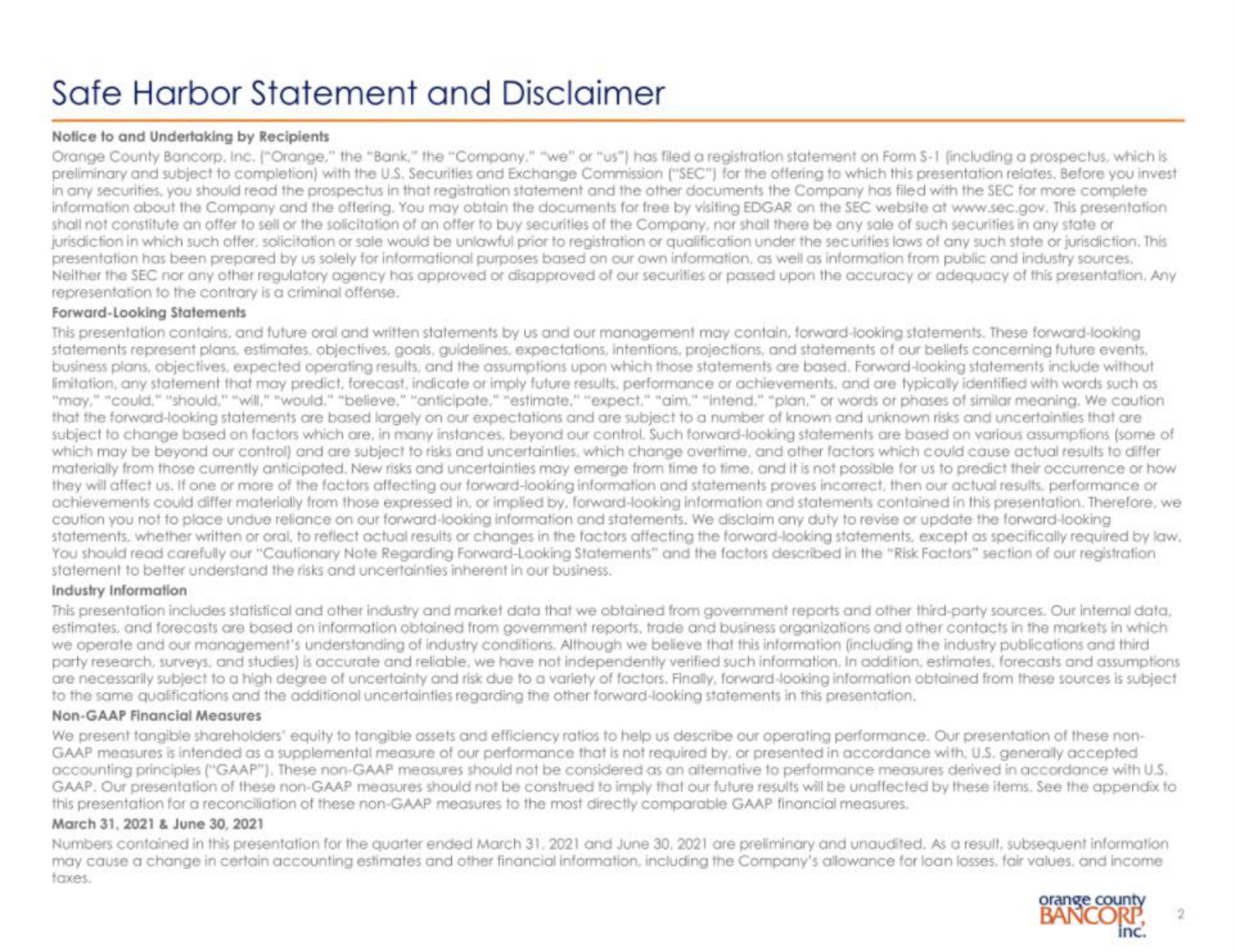 safe harbor statement and disclaimer | Orange County Bancorp