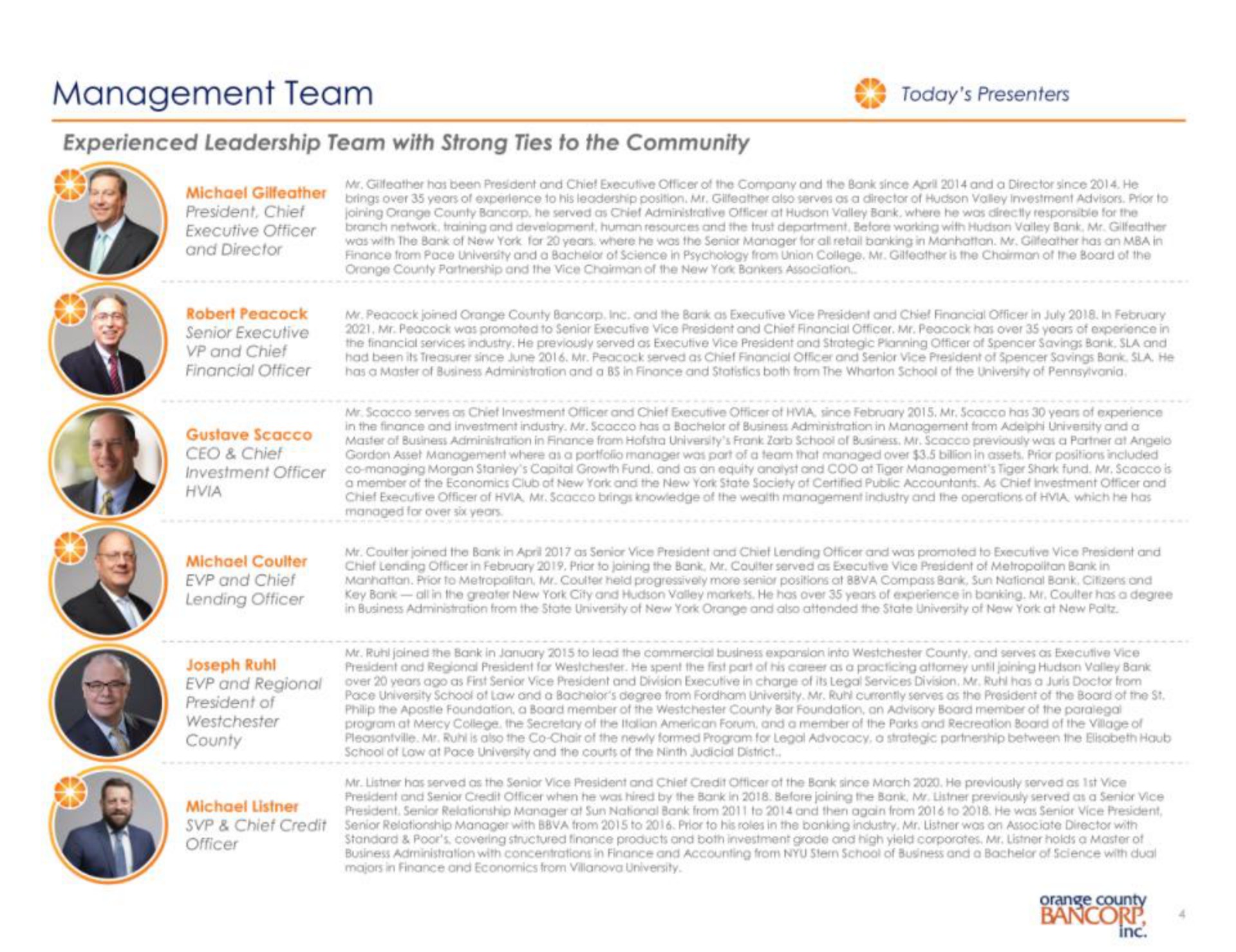 management team today presenters | Orange County Bancorp