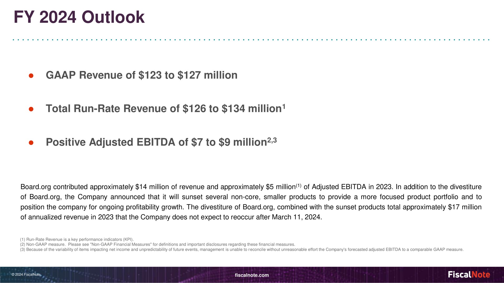 outlook revenue of to million total run rate revenue of to million positive adjusted of to million | FiscalNote