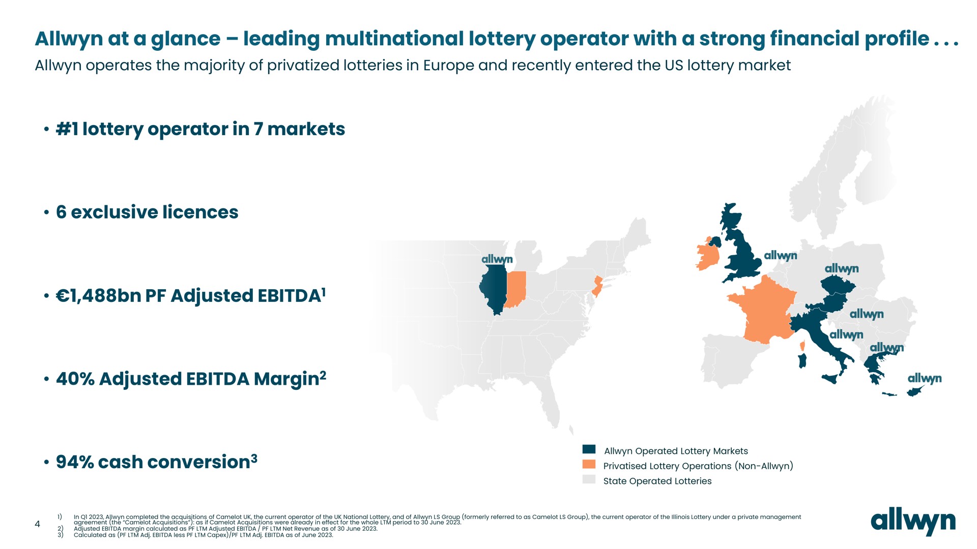 at a glance leading multinational lottery operator with a strong financial profile lottery operator in markets exclusive adjusted adjusted margin cash conversion margin sion | Allwyn