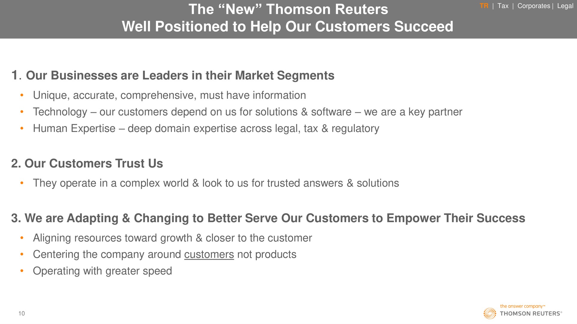the new well positioned to help our customers succeed our businesses are leaders in their market segments our customers trust us we are adapting changing to better serve our customers to empower their success | Thomson Reuters
