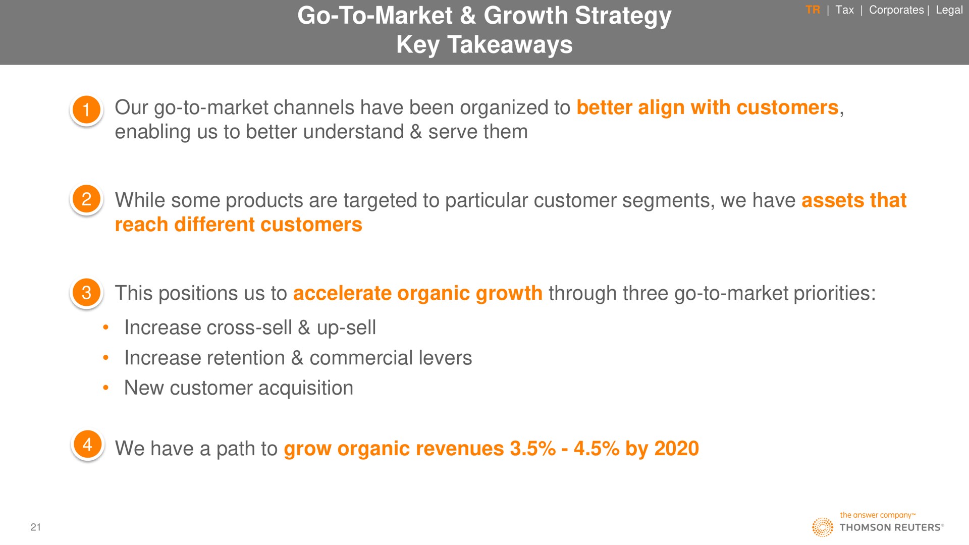 go to market growth strategy key our go to market channels have been organized to better align with customers enabling us to better understand serve them while some products are targeted to particular customer segments we have assets that reach different customers this positions us to accelerate organic growth through three go to market priorities increase cross sell up sell increase retention commercial levers new customer acquisition we have a path to grow organic revenues by mes nese | Thomson Reuters