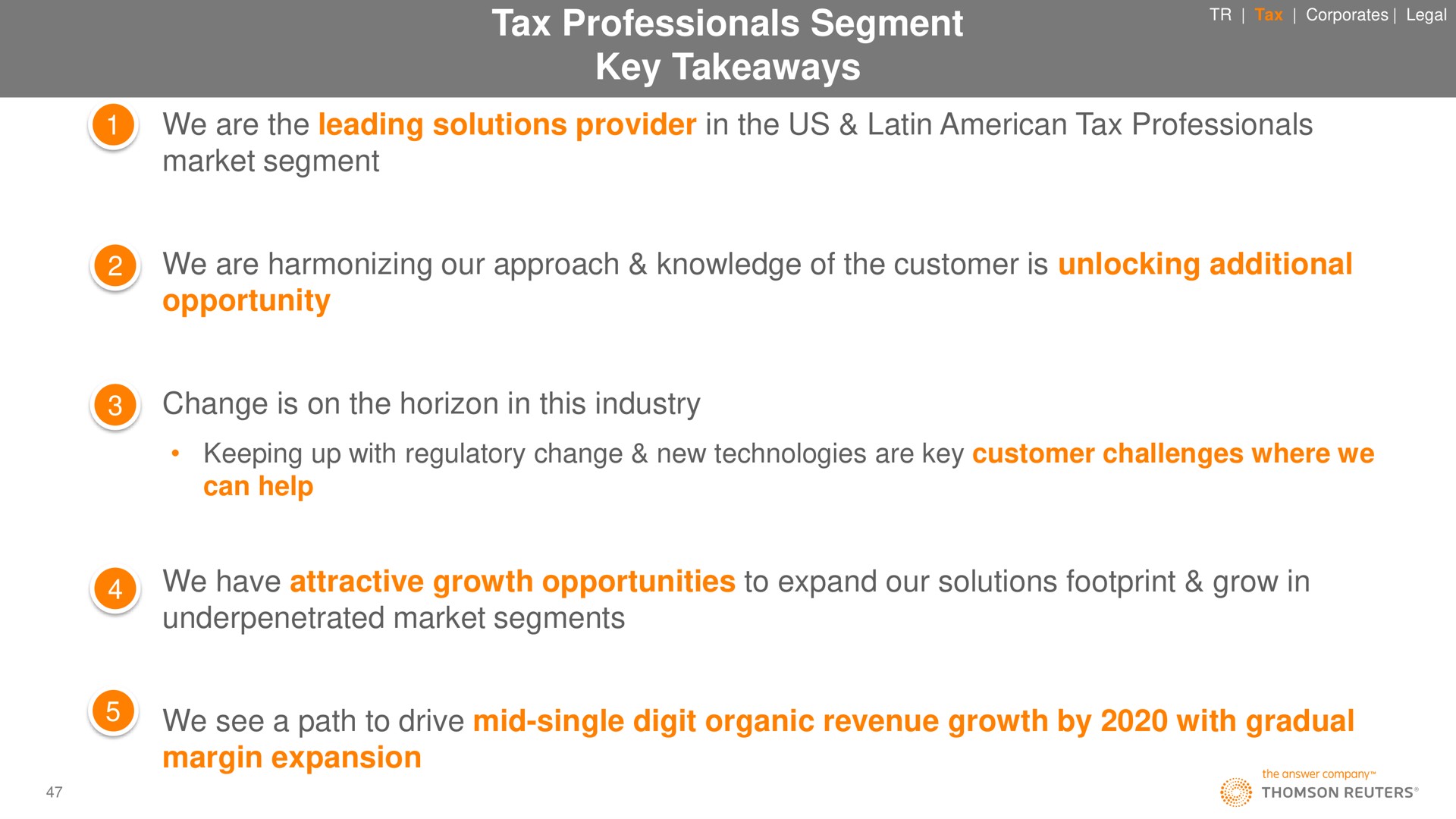 tax professionals segment key we are the leading solutions provider in the us tax professionals market segment we are harmonizing our approach knowledge of the customer is unlocking additional opportunity change is on the horizon in this industry we have attractive growth opportunities to expand our solutions footprint grow in market segments we see a path to drive mid single digit organic revenue growth by with gradual margin expansion | Thomson Reuters