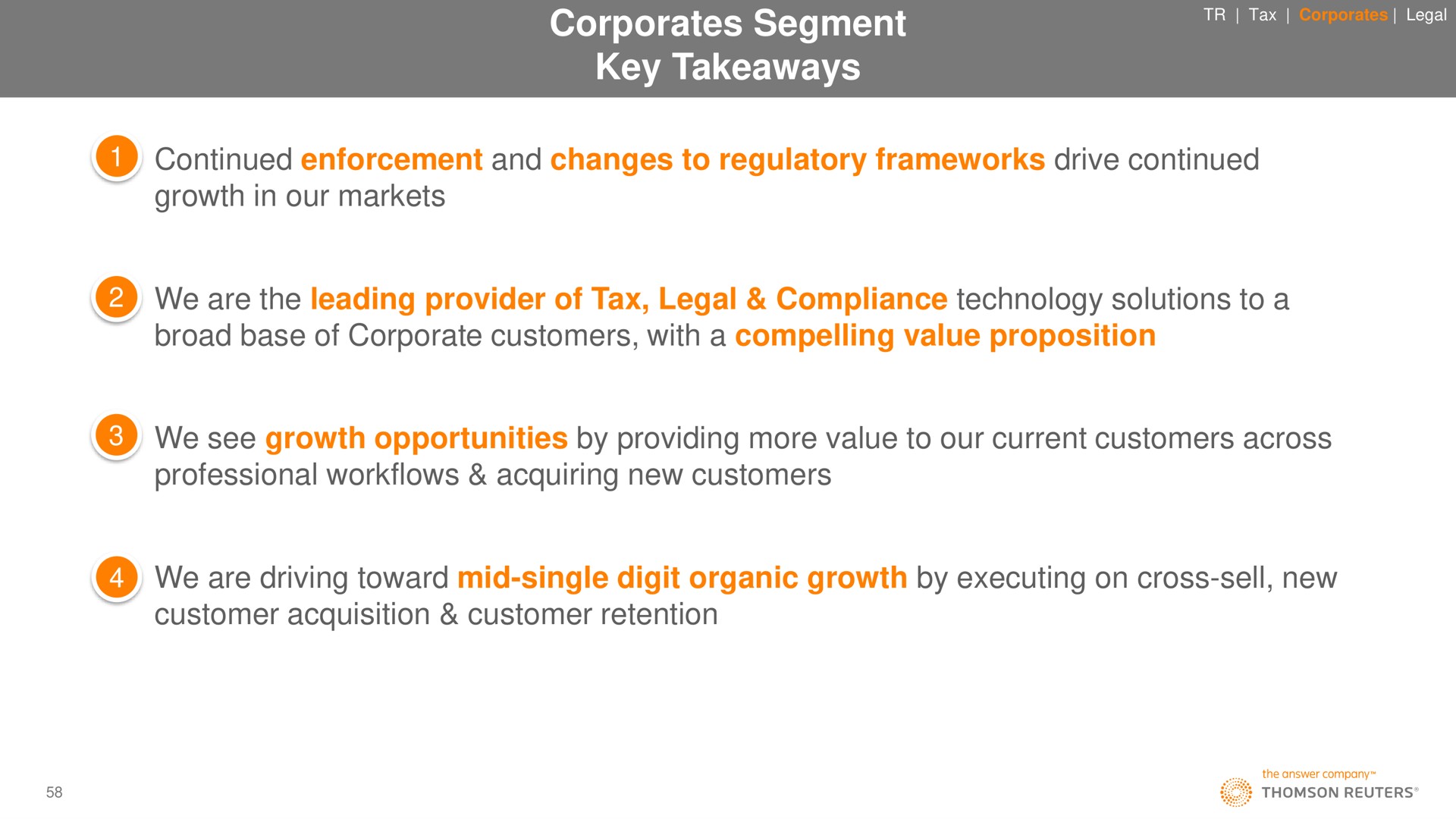 segment key continued enforcement and changes to regulatory frameworks drive continued growth in our markets we are the leading provider of tax legal compliance technology solutions to a broad base of corporate customers with a compelling value proposition we see growth opportunities by providing more value to our current customers across professional acquiring new customers we are driving toward mid single digit organic growth by executing on cross sell new customer acquisition customer retention | Thomson Reuters