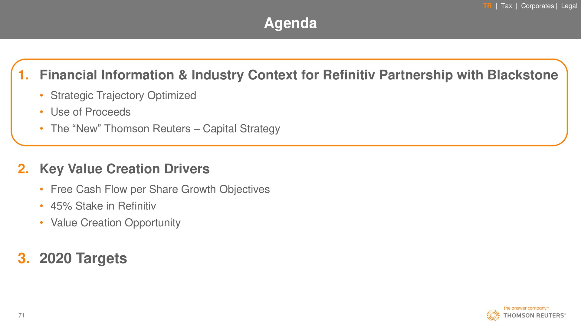 agenda financial information industry context for partnership with key value creation drivers targets | Thomson Reuters