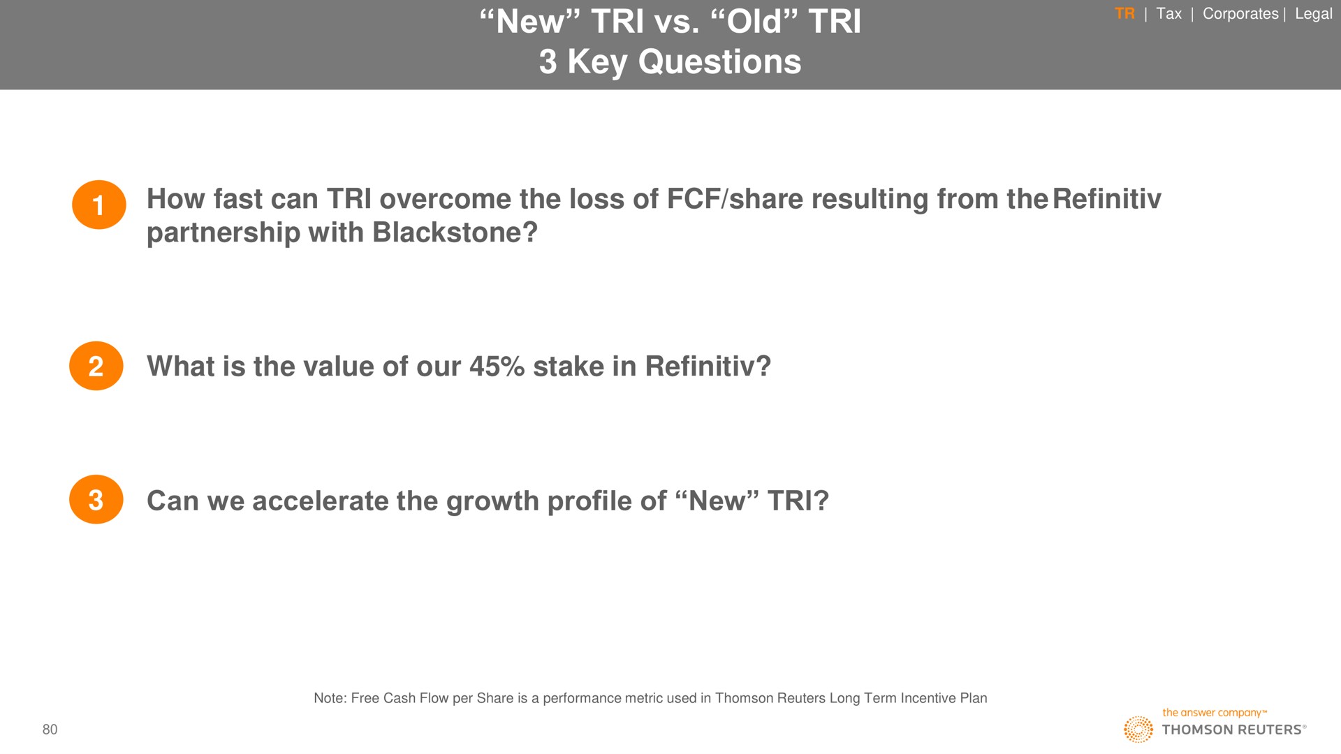 new tri old tri key questions how fast can tri overcome the loss of share resulting from the partnership with what is the value of our stake in can we accelerate the growth profile of new tri | Thomson Reuters
