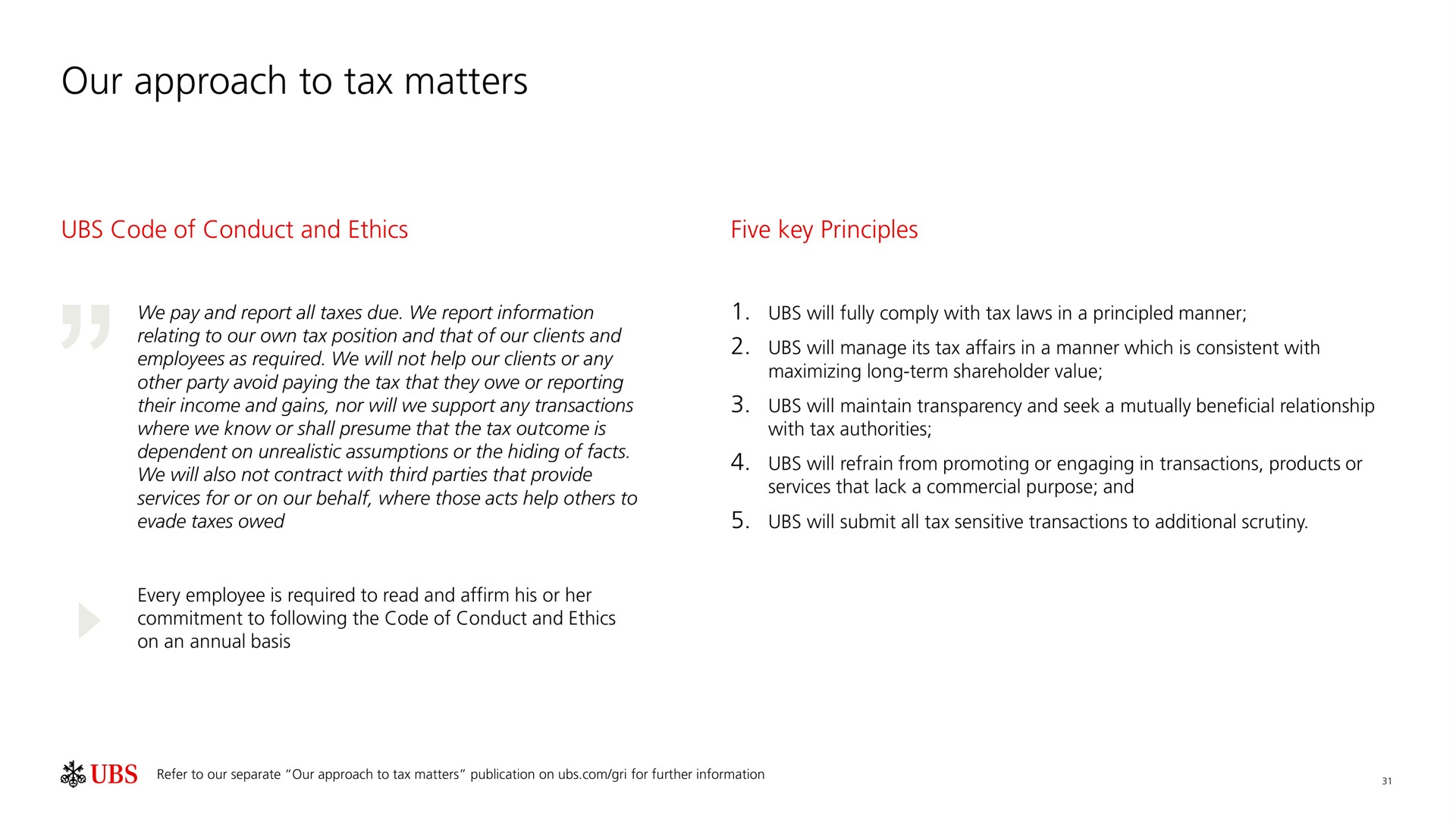 our approach to tax matters code of conduct and ethics five key principles | UBS