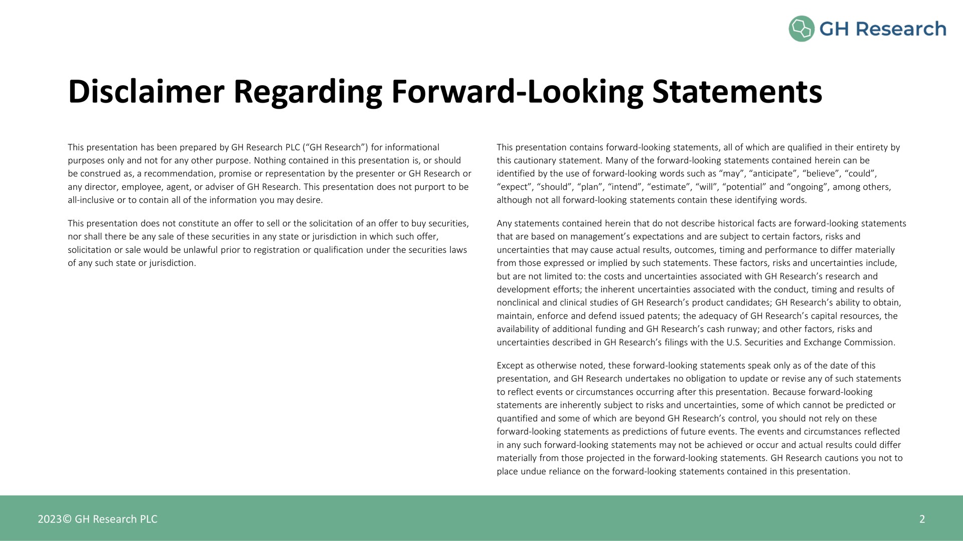 disclaimer regarding forward looking statements | GH Research
