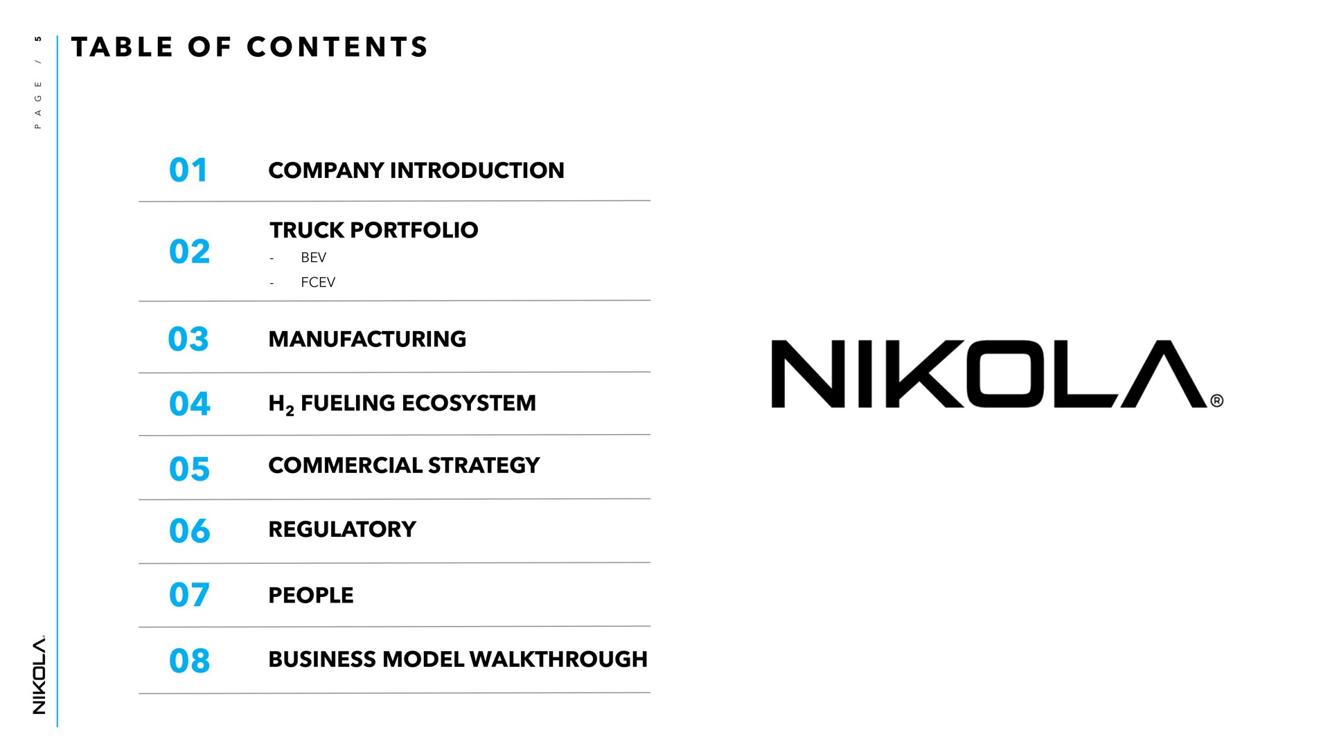 company introduction truck portfolio manufacturing fueling ecosystem commercial strategy regulatory people business model table of contents | Nikola