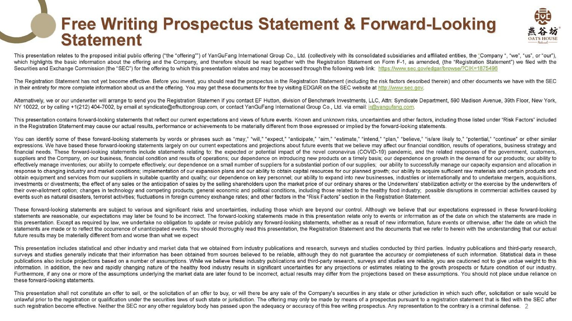 free writing prospectus statement forward looking statement is | YanGuFang International Group