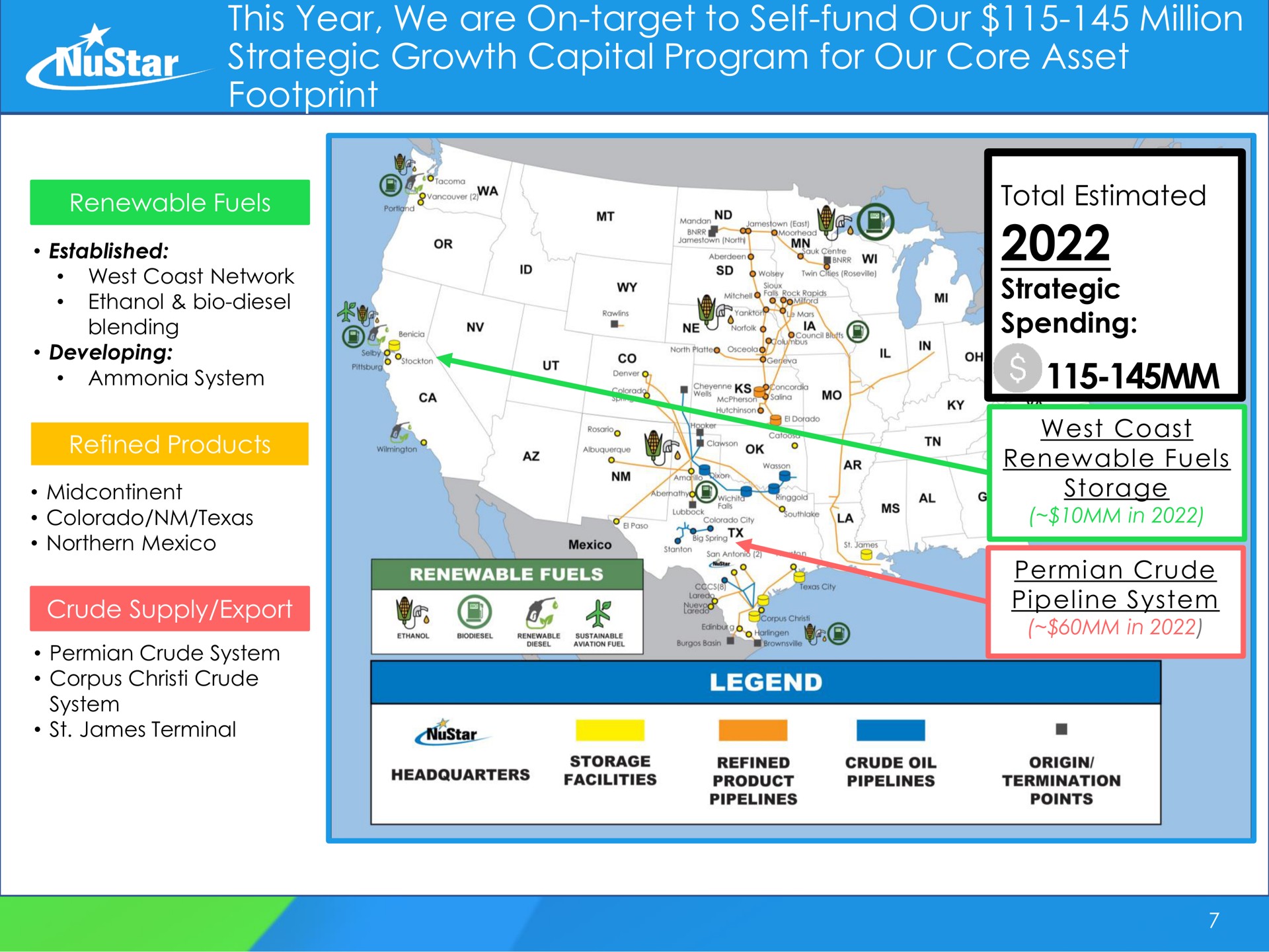 this year we are on target to self fund our million strategic growth capital program for our core asset footprint renewable fuels established ammonia system or i a eon total estimated | NuStar Energy