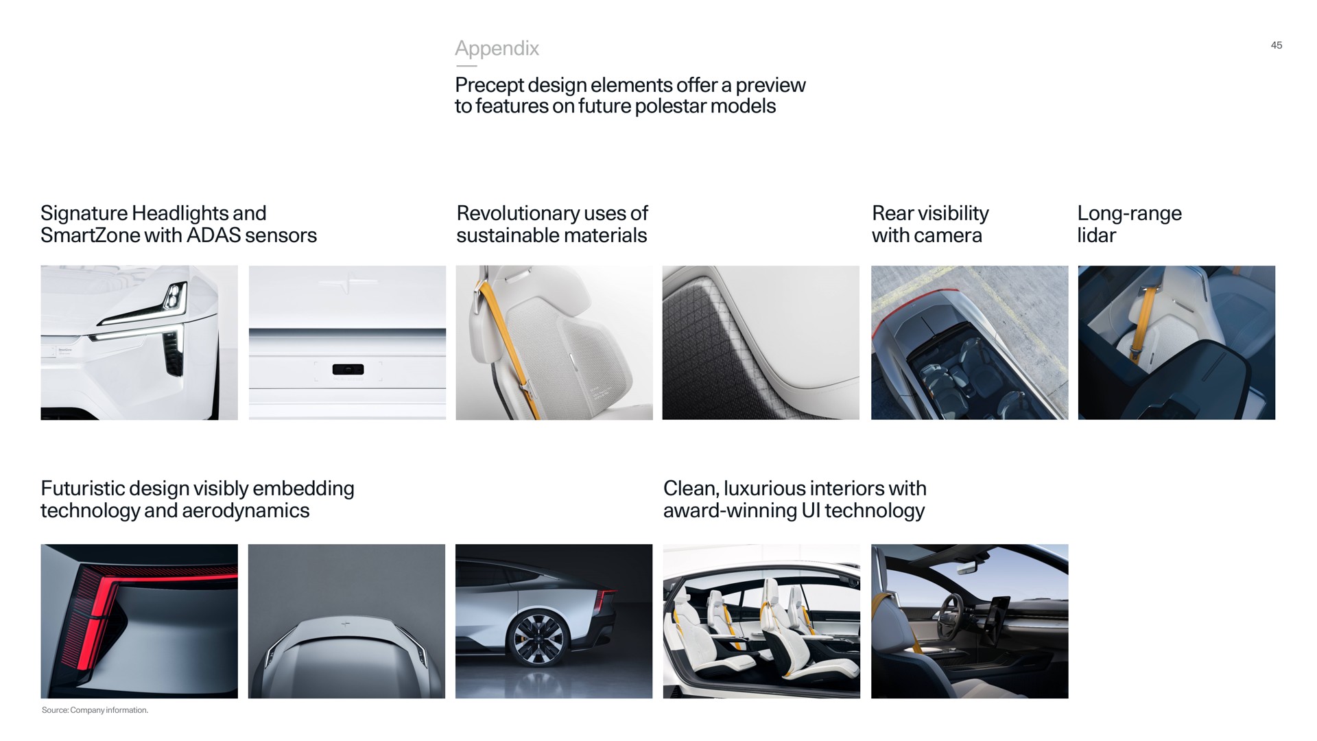 appendix precept design elements offer a preview to features on future polestar models signature headlights and with sensors revolutionary uses of sustainable materials rear visibility with camera long range futuristic design visibly embedding technology and aerodynamics clean luxurious interiors with award winning technology source company information | Polestar