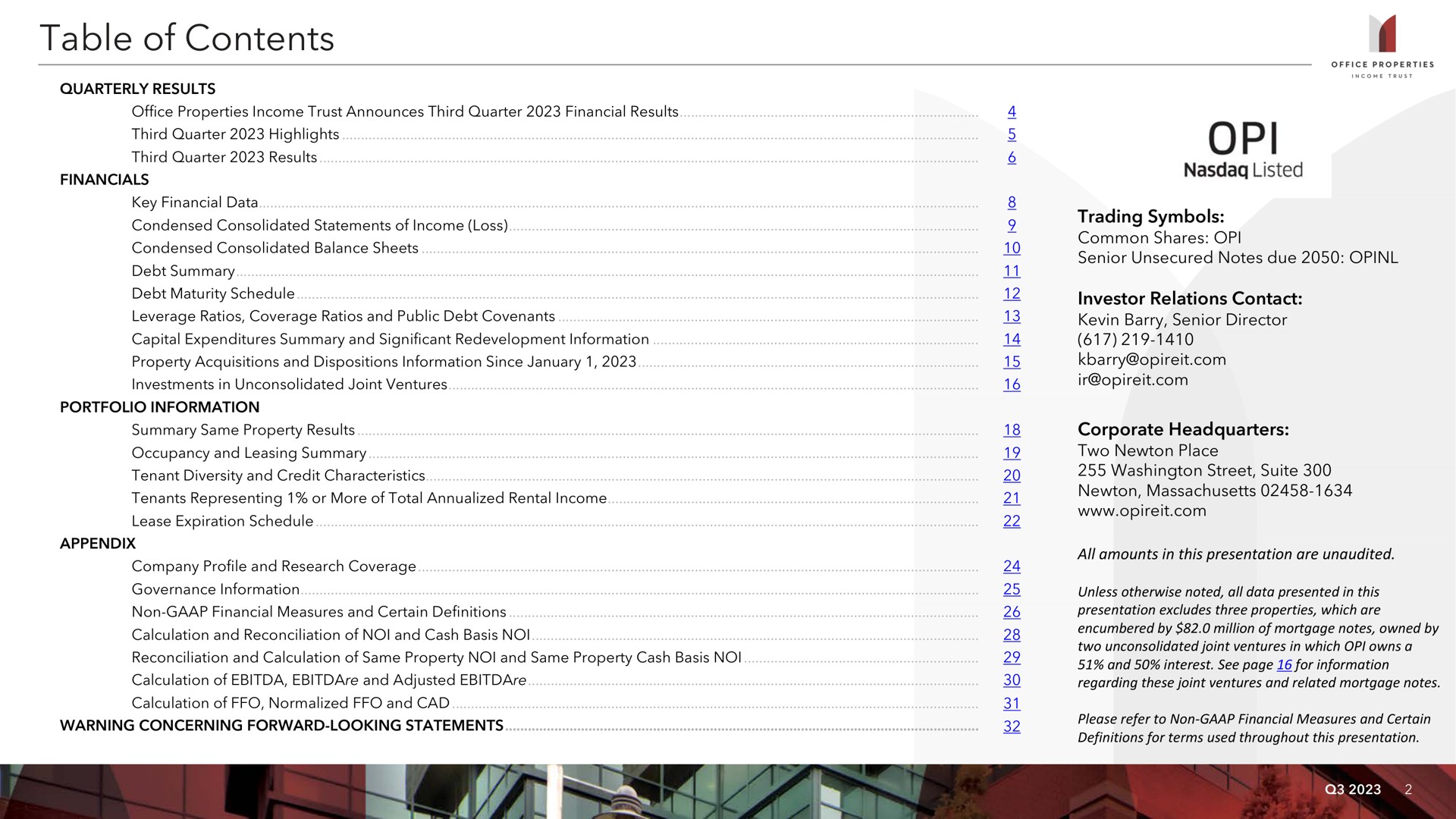 table of contents corporate headquarters | Office Properties Income Trust