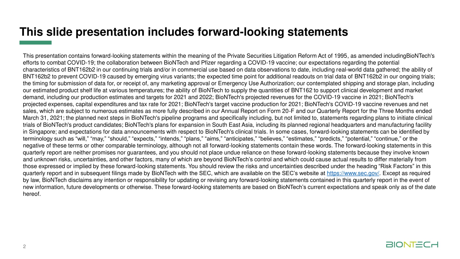 this slide presentation includes forward looking statements | BioNTech