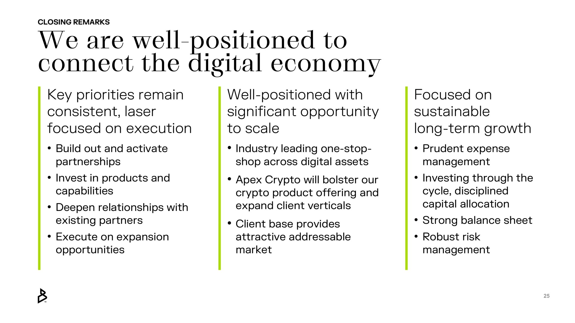 we are well positioned to connect the digital economy key priorities remain consistent laser focused on execution well positioned with significant opportunity to scale focused on sustainable long term growth wer | Bakkt