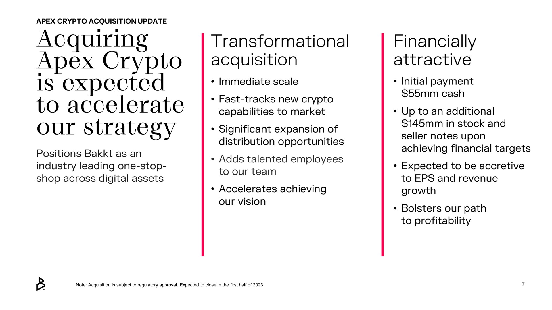 acquiring apex is expected to accelerate our strategy acquisition financially attractive | Bakkt