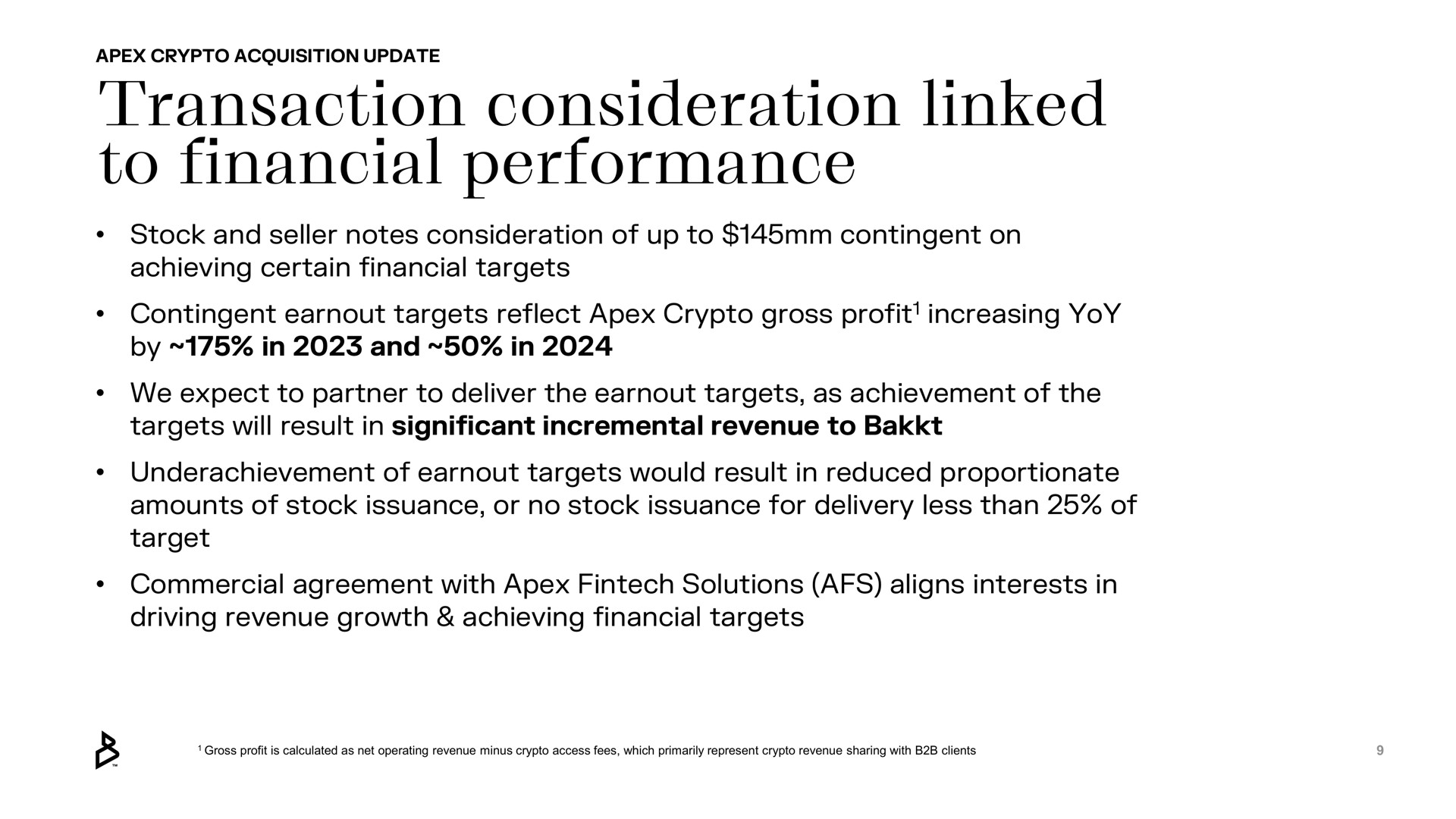 transaction consideration linked to financial performance | Bakkt