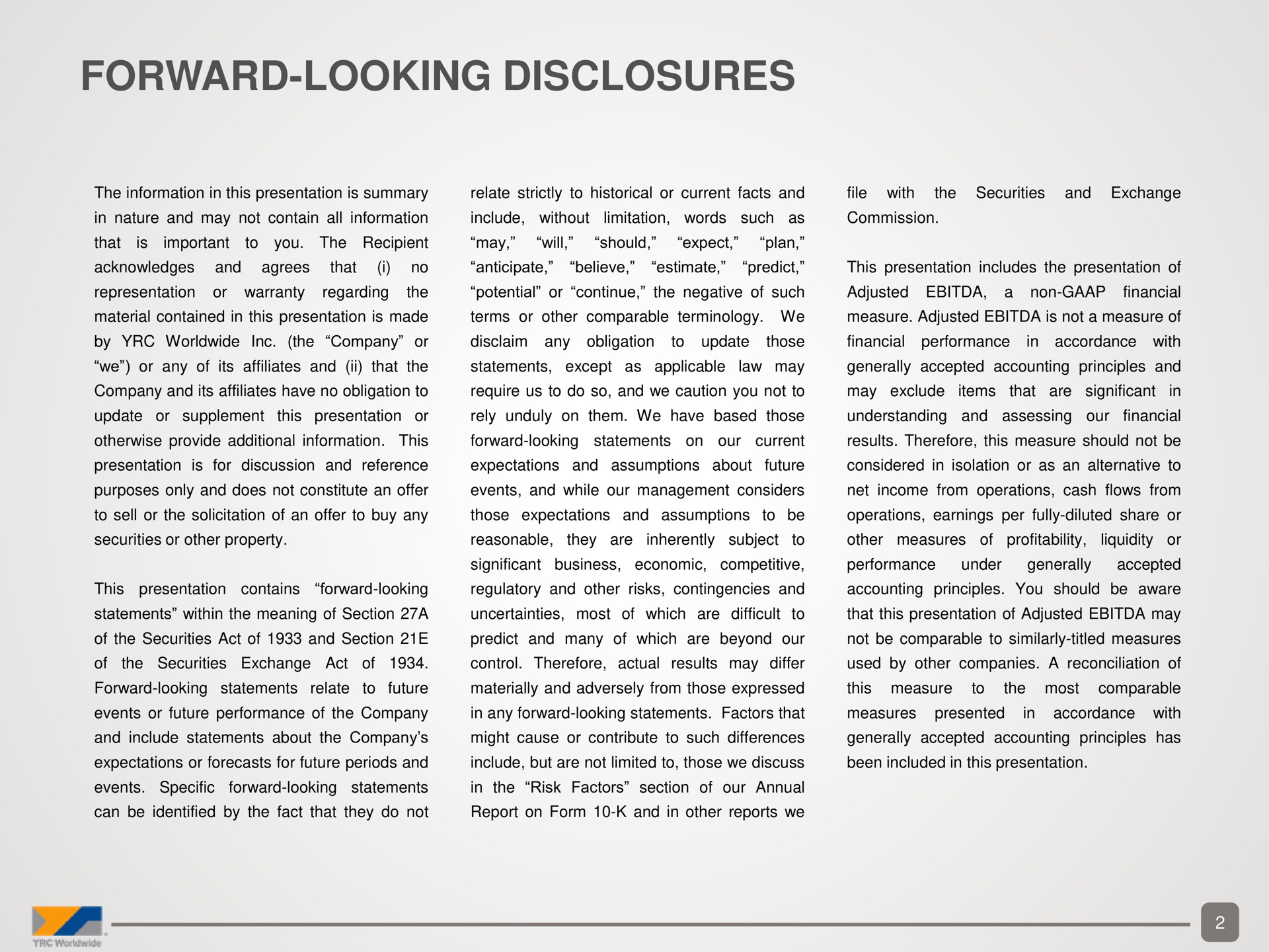 forward looking disclosures a | Yellow Corporation