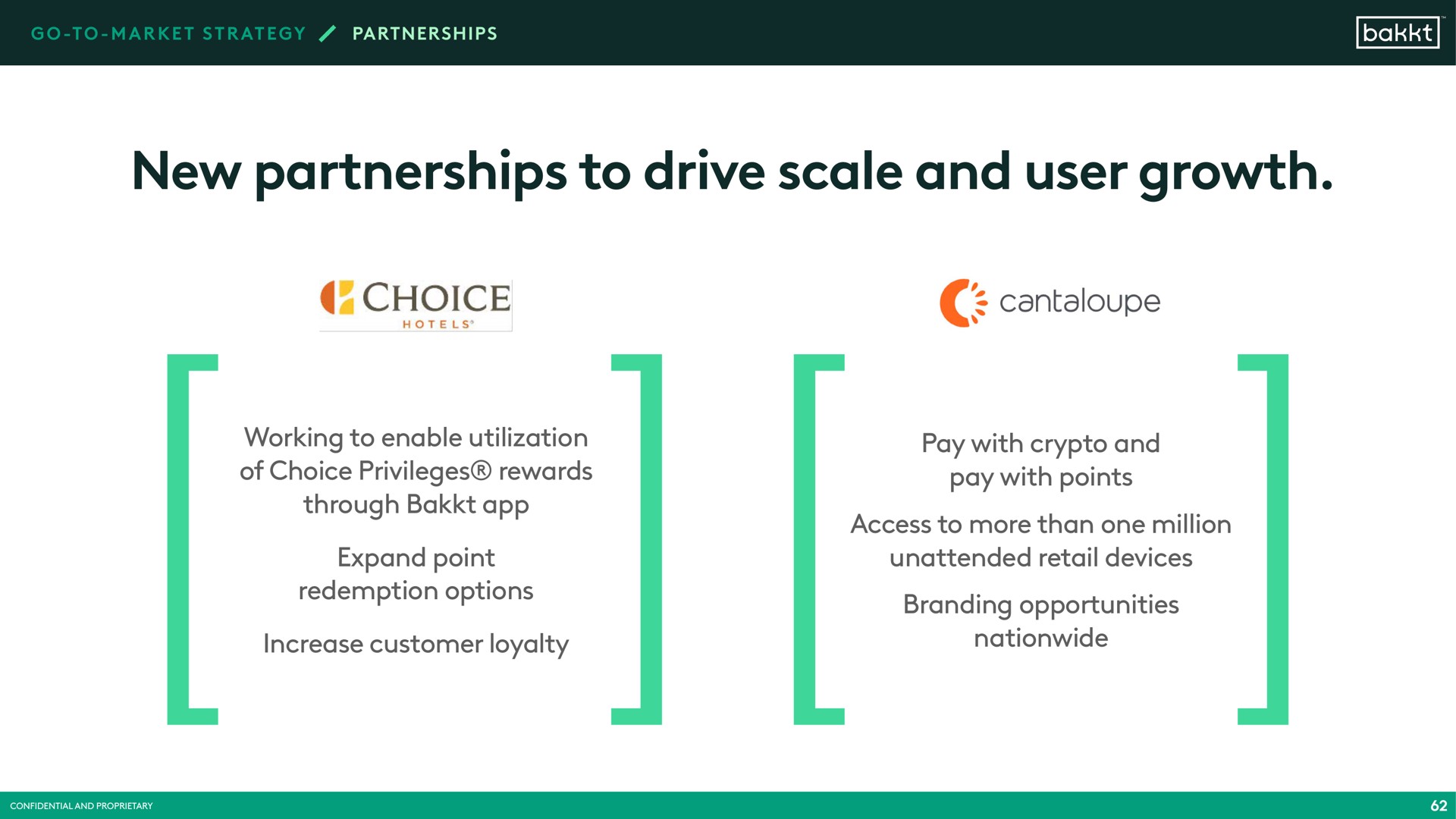 new partnerships to drive scale and user growth working to enable utilization of choice privileges rewards through expand point redemption options increase customer loyalty pay with and pay with points access to more than one million unattended retail devices branding opportunities nationwide cantaloupe | Bakkt