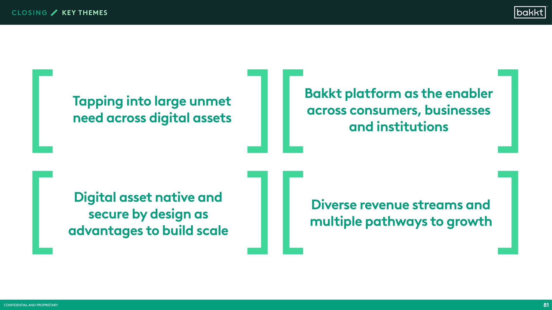 tapping into large unmet need across digital assets platform as the enabler across consumers businesses and institutions digital asset native and secure by design as advantages to build scale diverse revenue streams and multiple pathways to growth | Bakkt