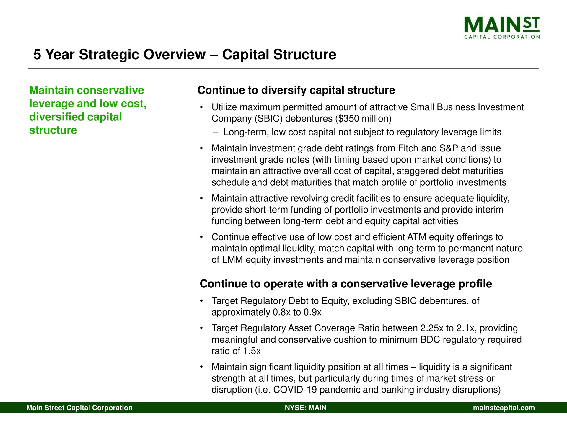 year strategic overview capital structure leverage and low cost utilize maximum permitted amount of attractive small business investment mains | Main Street Capital