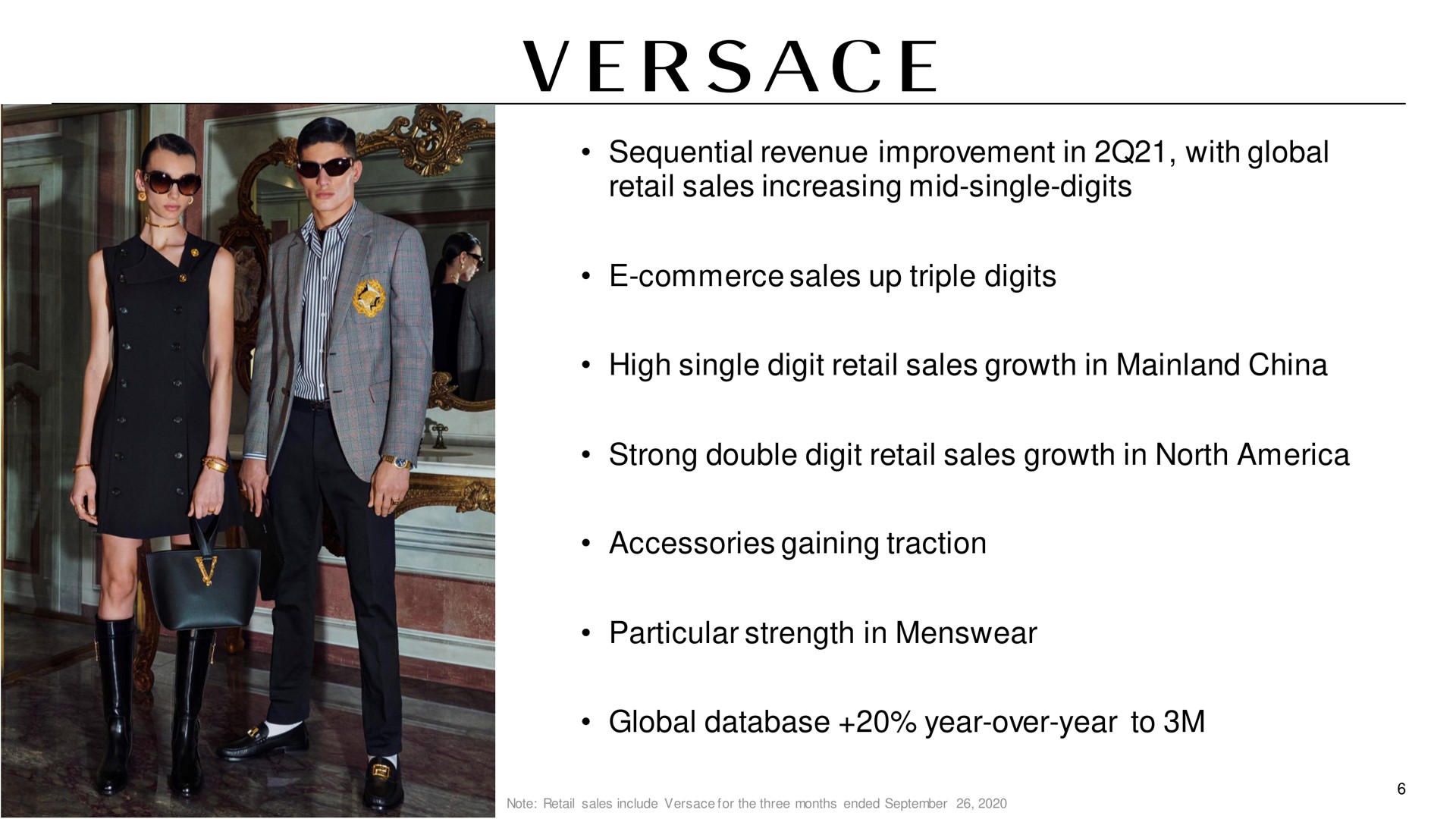sequential revenue improvement in with global retail sales increasing mid single digits commerce sales up triple digits high single digit retail sales growth in china strong double digit retail sales growth in north accessories gaining traction particular strength in global year over year to | Capri Holdings