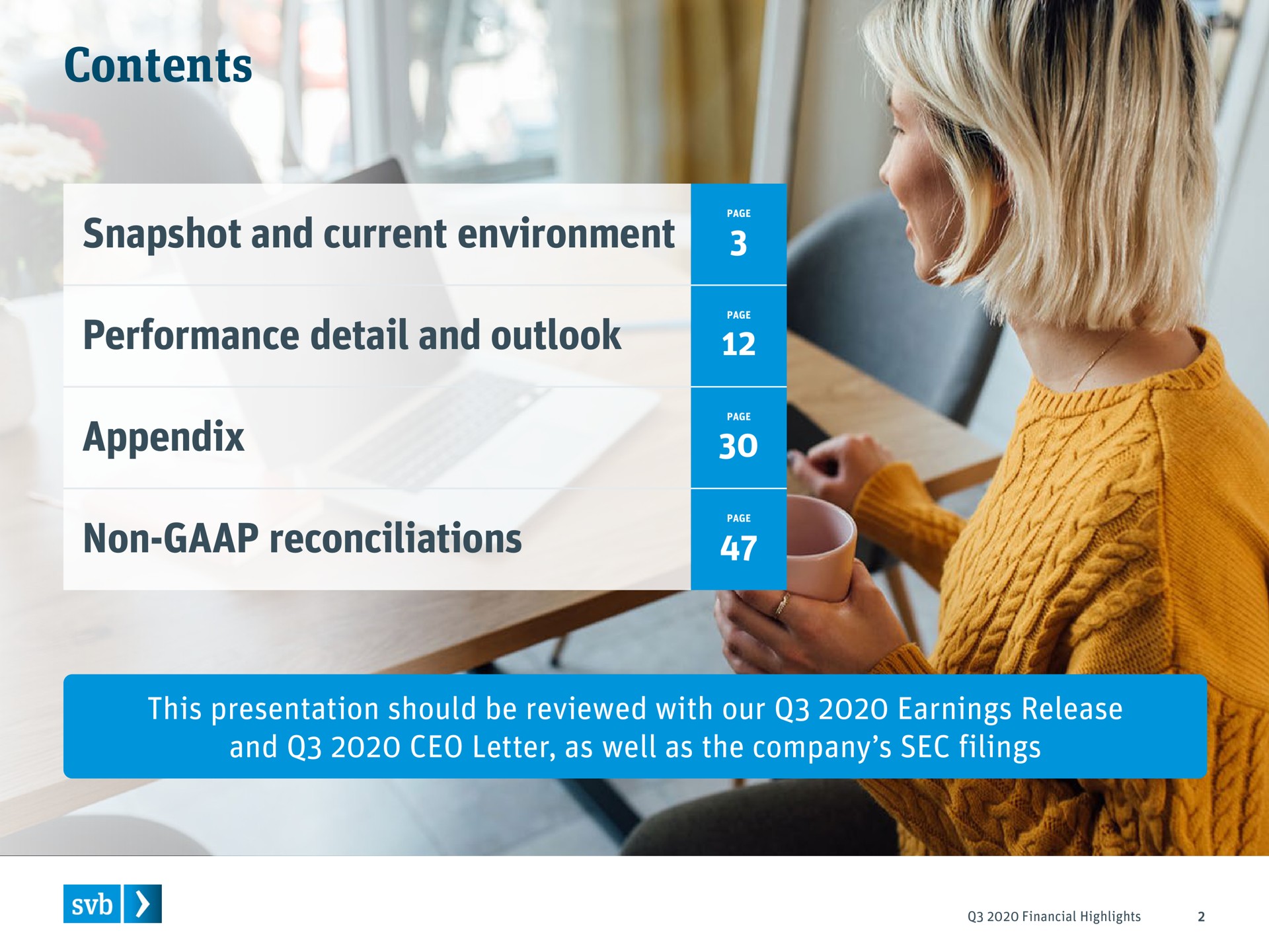 contents snapshot and current environment performance detail and outlook appendix non reconciliations this presentation should be reviewed with our earnings release and letter as well as the company sec filings | Silicon Valley Bank