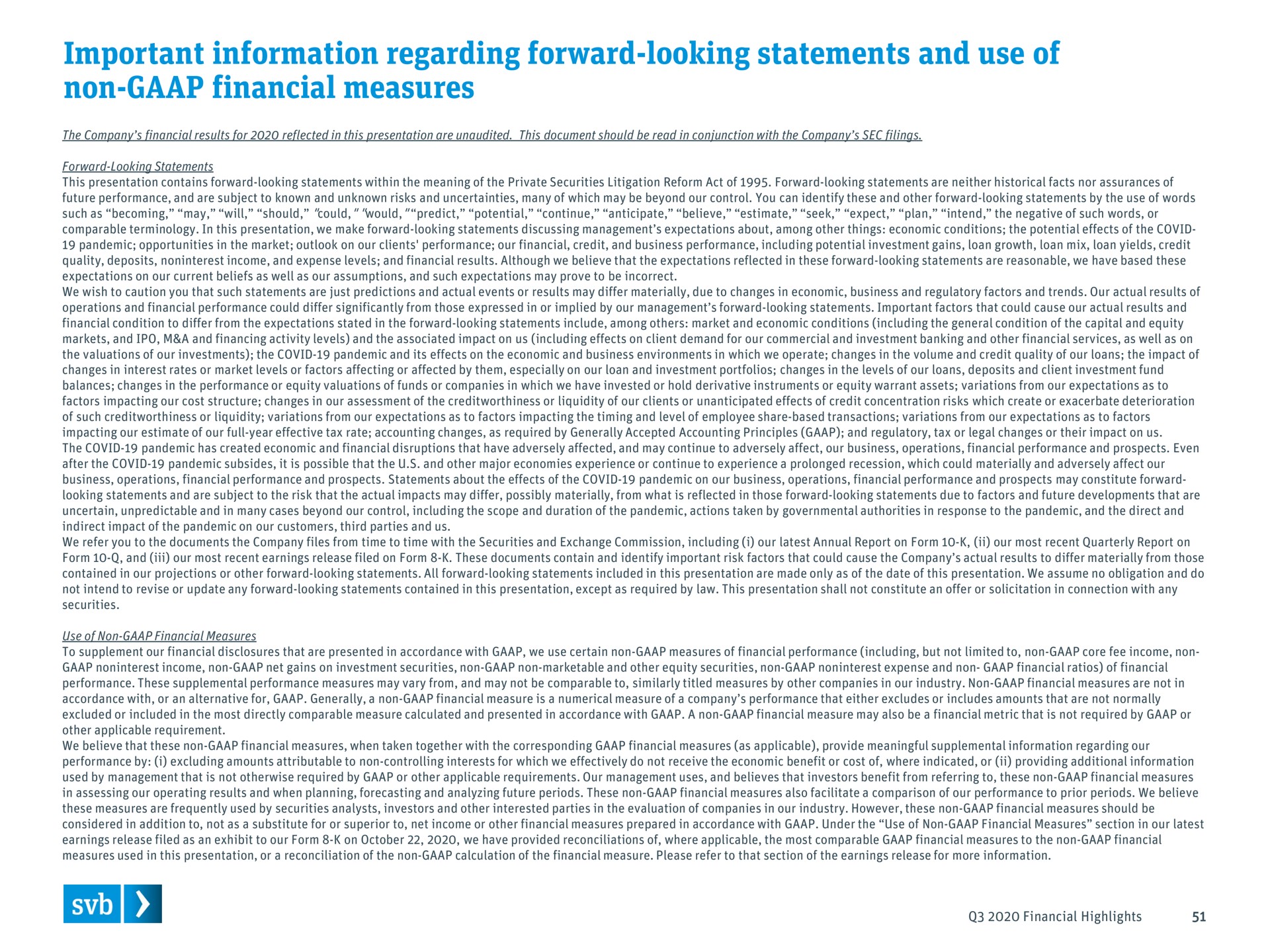 important information regarding forward looking statements and use of non financial measures | Silicon Valley Bank