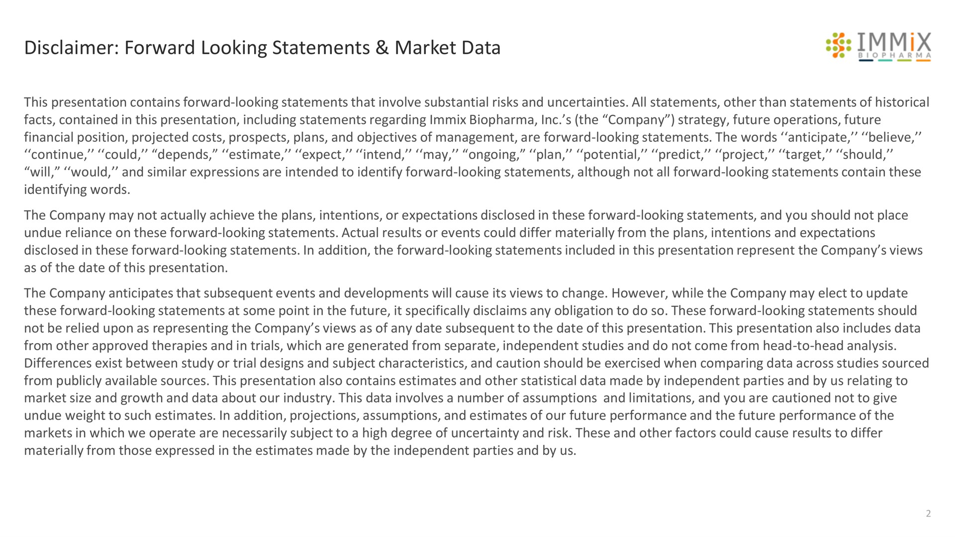 disclaimer forward looking statements market data | Immix Biopharma