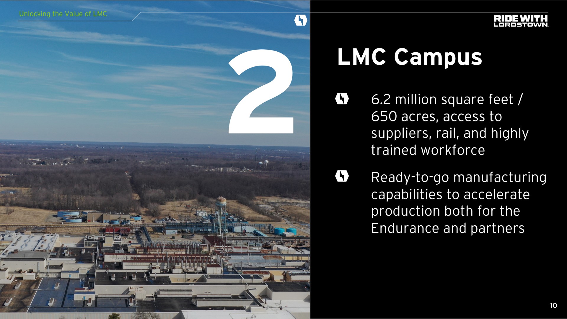 campus million square feet acres access to suppliers rail and highly trained ready to go manufacturing capabilities to accelerate production both for the endurance and partners ride with | Lordstown Motors