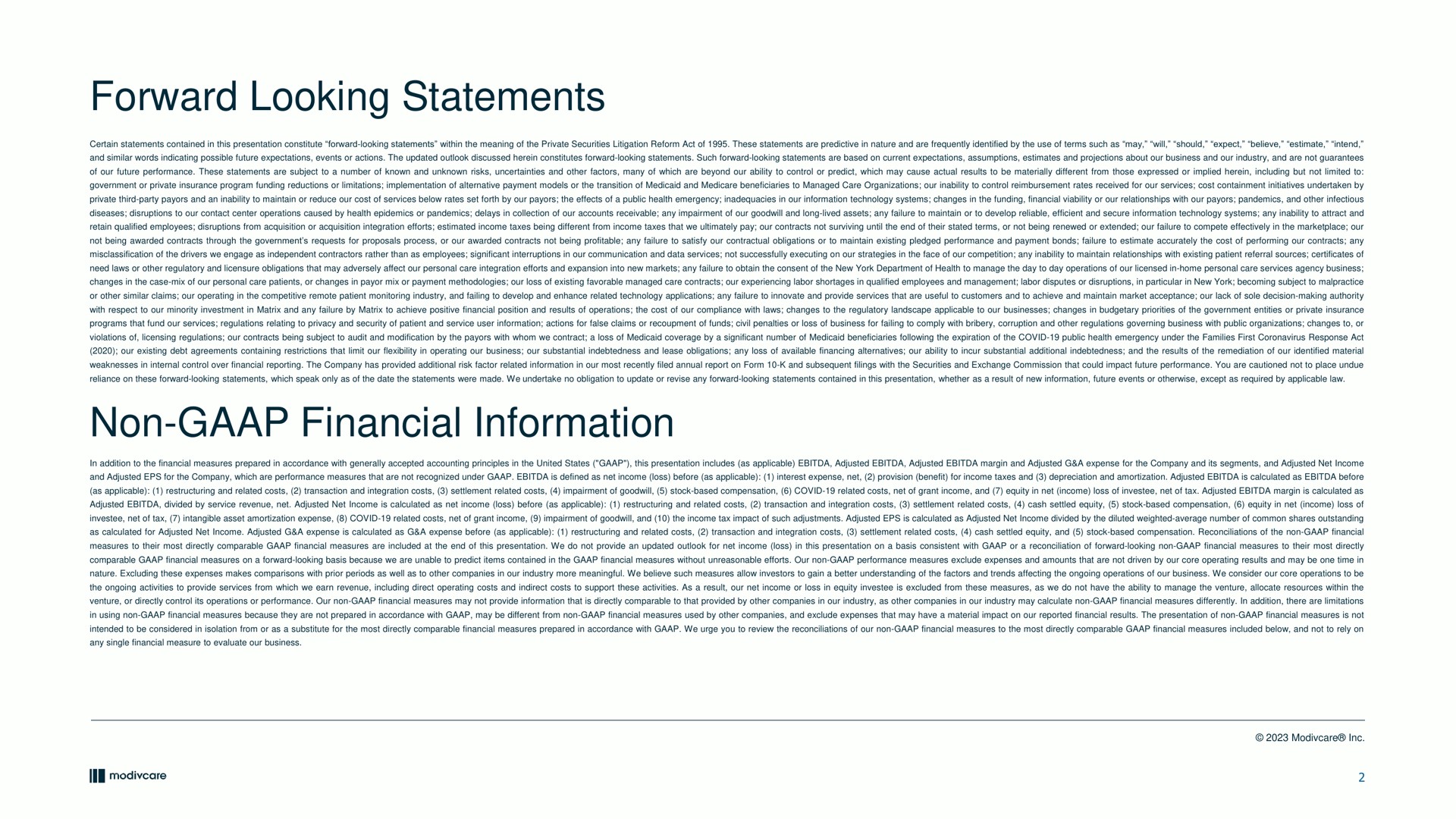 forward looking statements non financial information | ModivCare